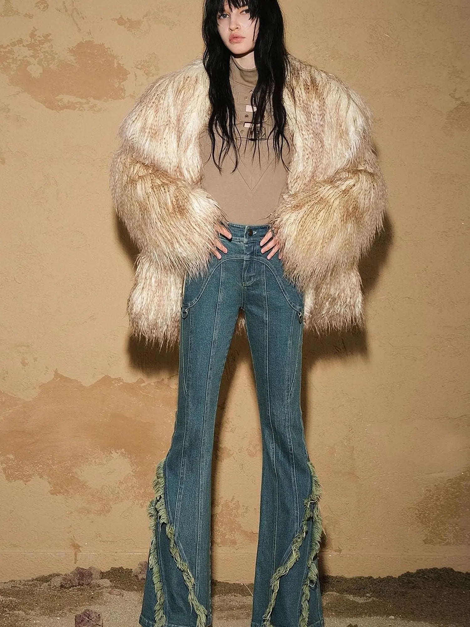 Original Design Flared Denim With Fringe Hem