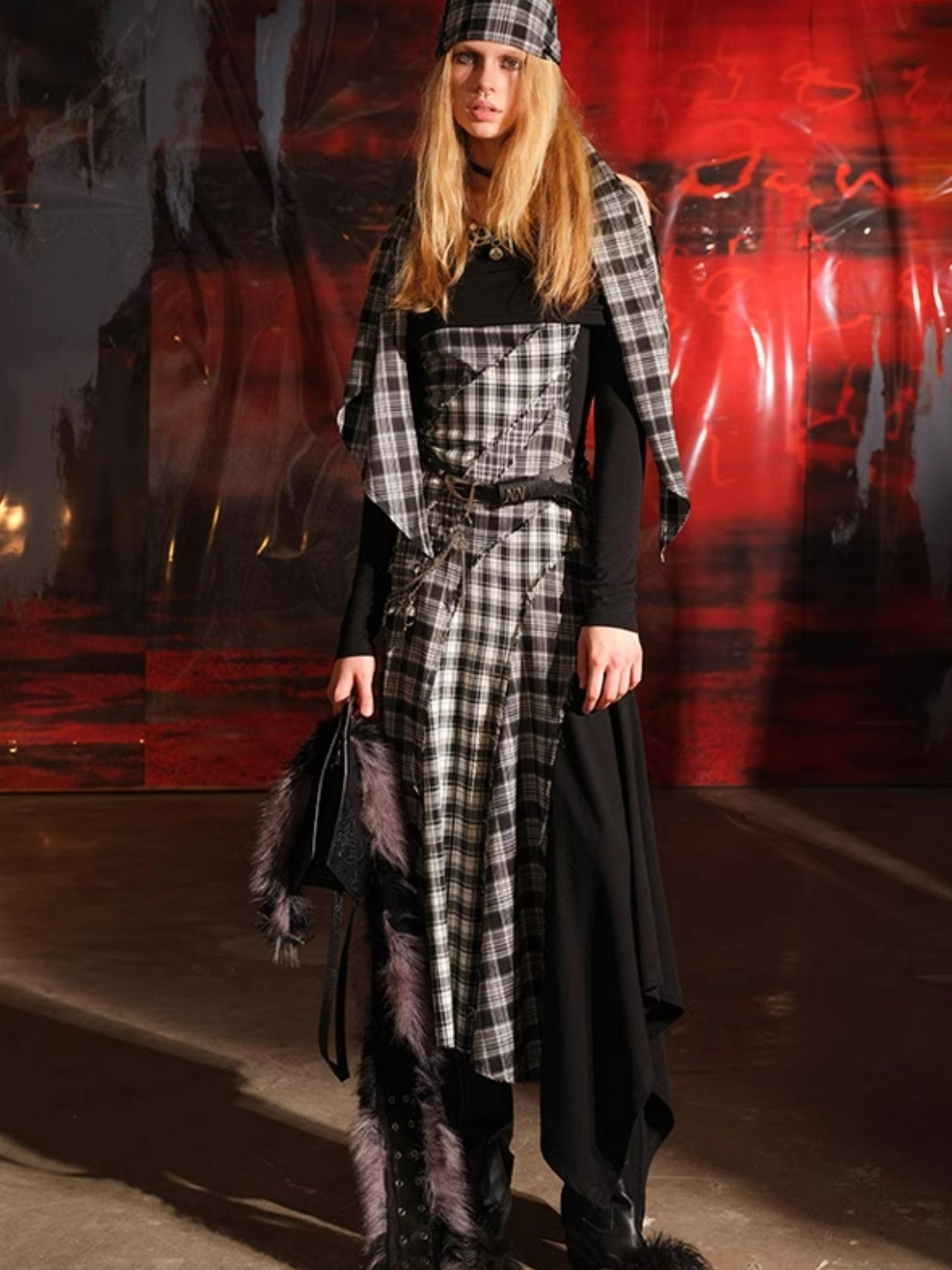 UpdateNN NORTH NODE Patchwork Plaid Off Shoulder Dress With Detachable Scarf