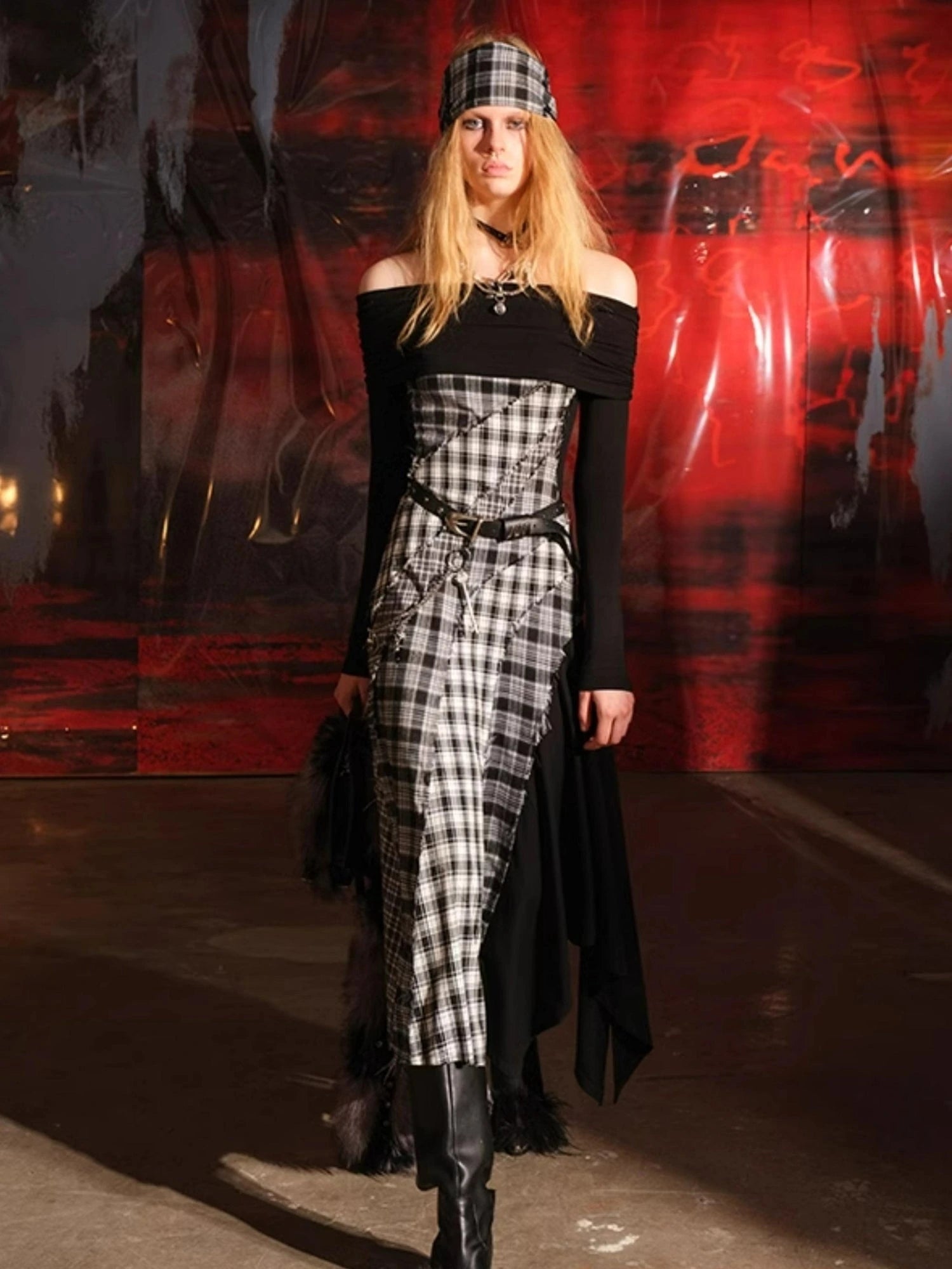 Patchwork Plaid Off Shoulder Dress With Detachable Scarf