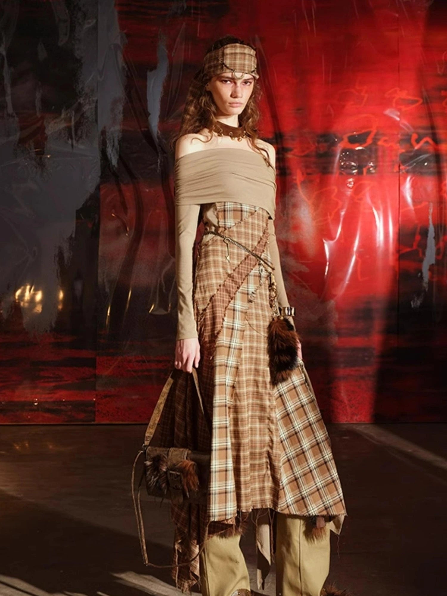 Patchwork Plaid Off Shoulder Dress With Detachable Scarf