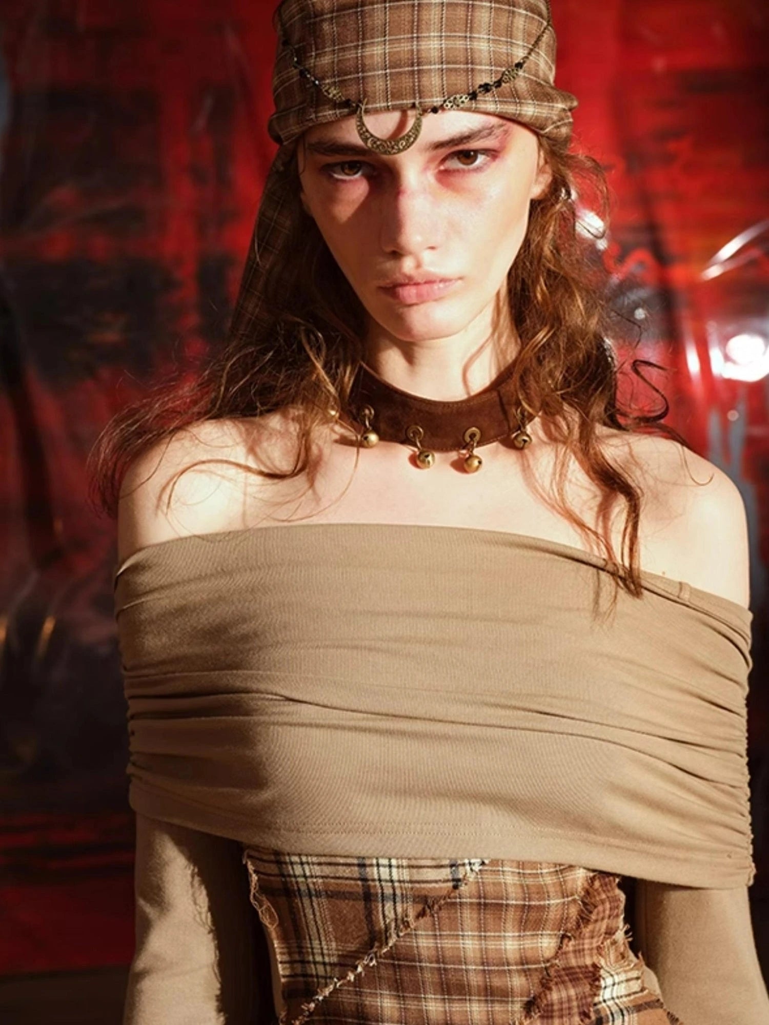 Patchwork Plaid Off Shoulder Dress With Detachable Scarf