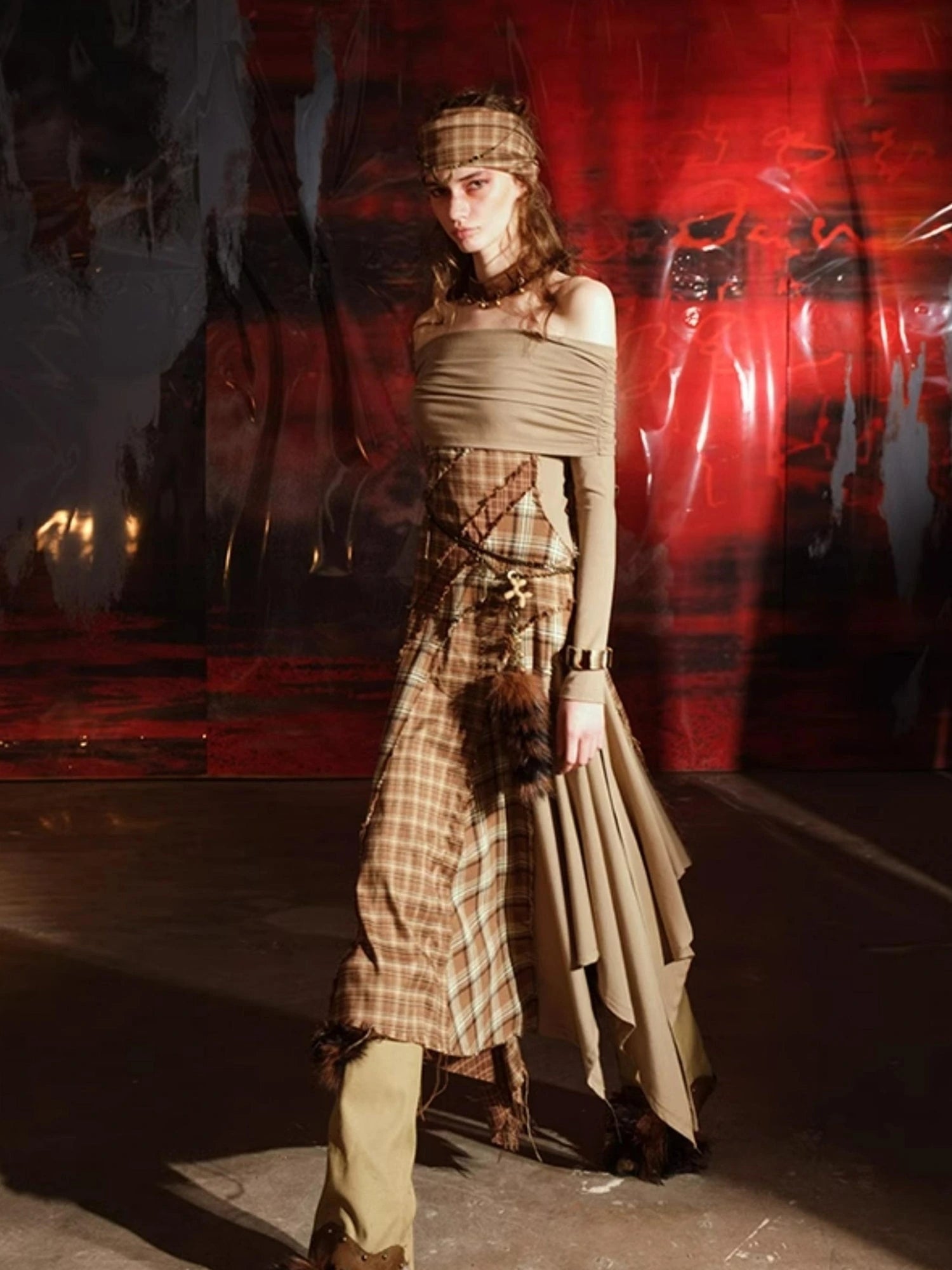 Patchwork Plaid Off Shoulder Dress With Detachable Scarf