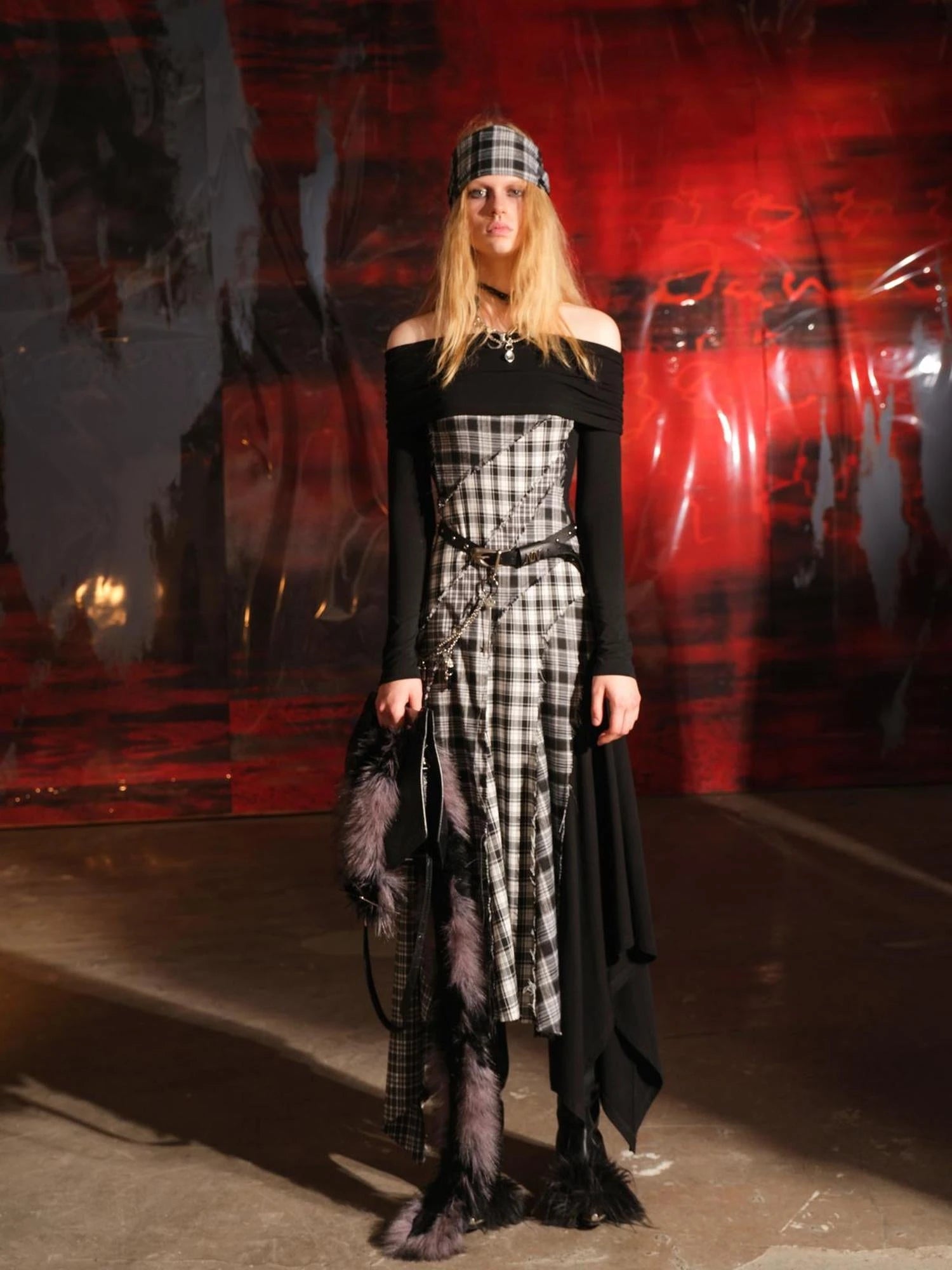 Patchwork Plaid Off Shoulder Dress With Detachable Scarf