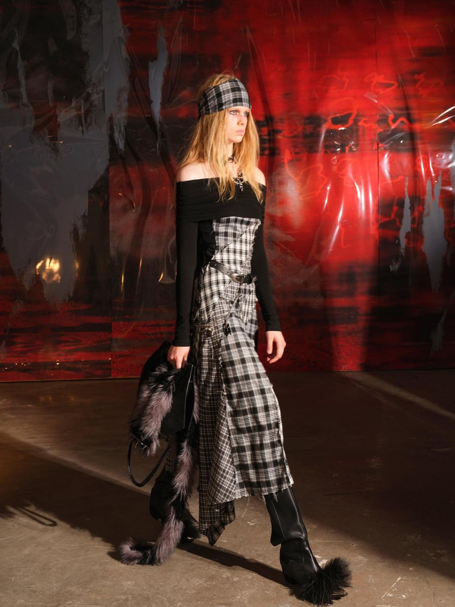 UpdateNN NORTH NODE Patchwork Plaid Off Shoulder Dress With Detachable Scarf