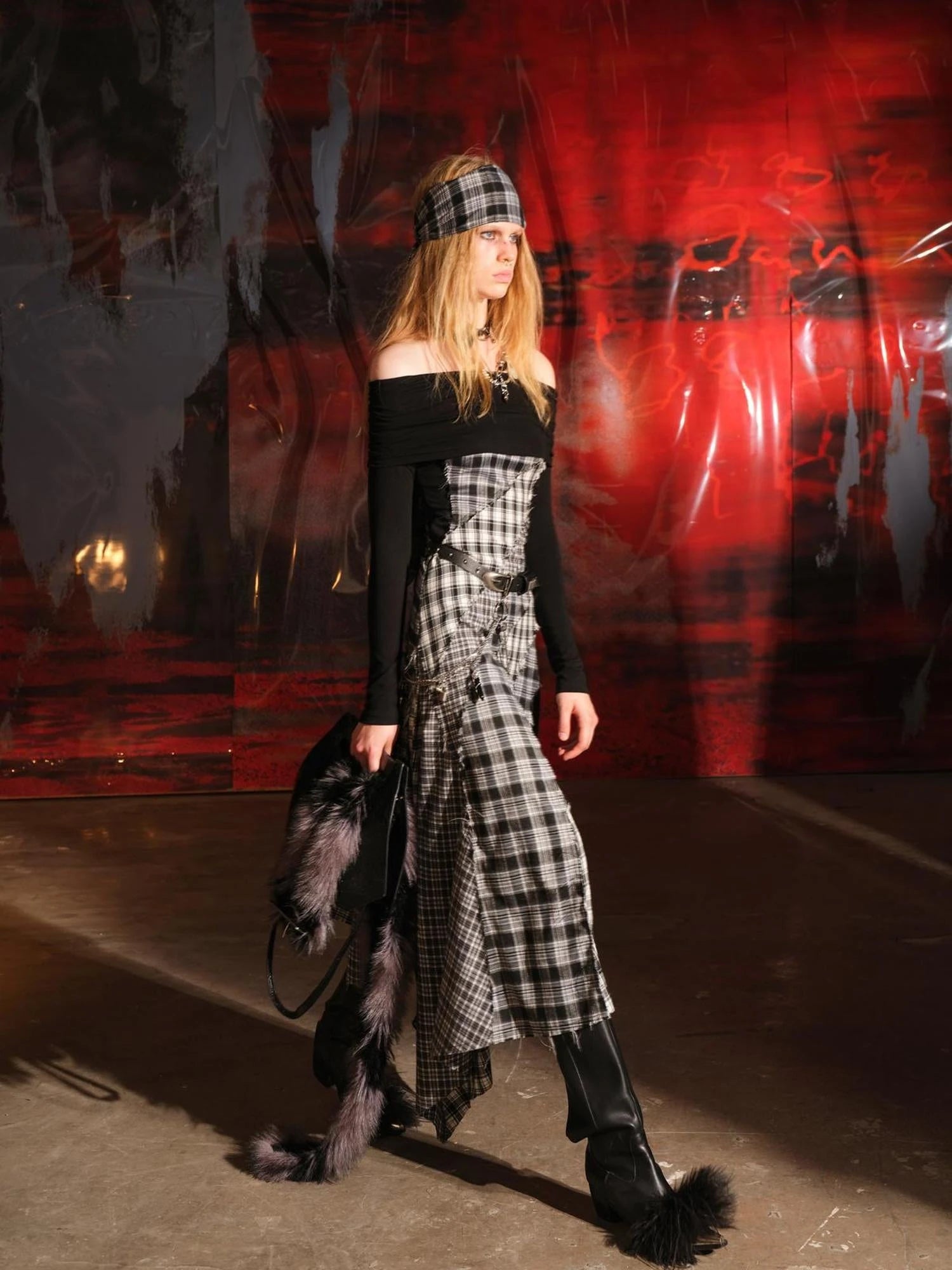 Patchwork Plaid Off Shoulder Dress With Detachable Scarf