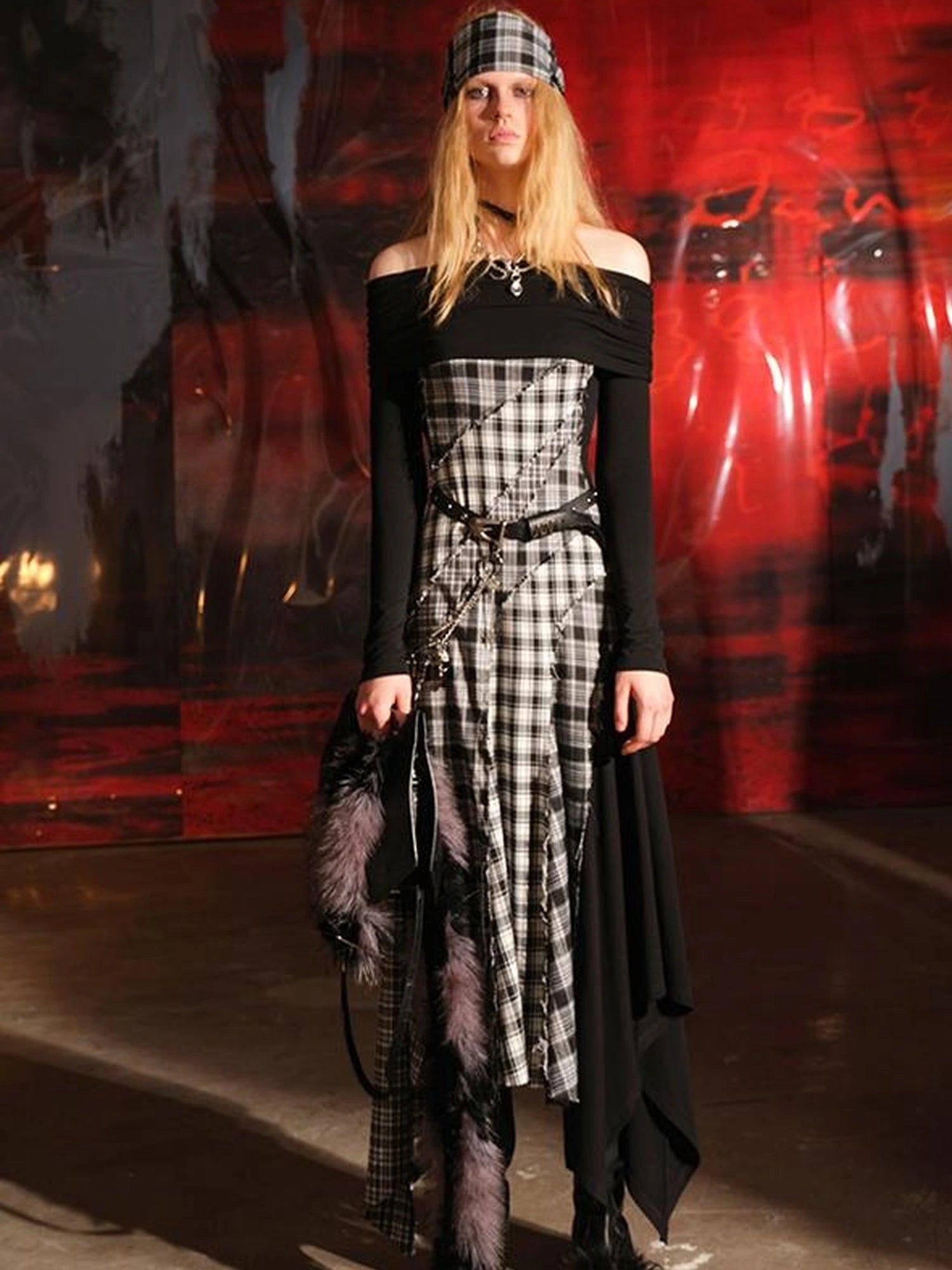 Patchwork Plaid Off Shoulder Dress With Detachable Scarf