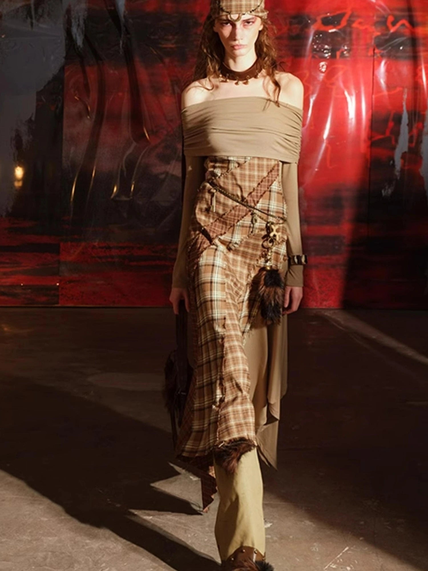 Patchwork Plaid Off Shoulder Dress With Detachable Scarf