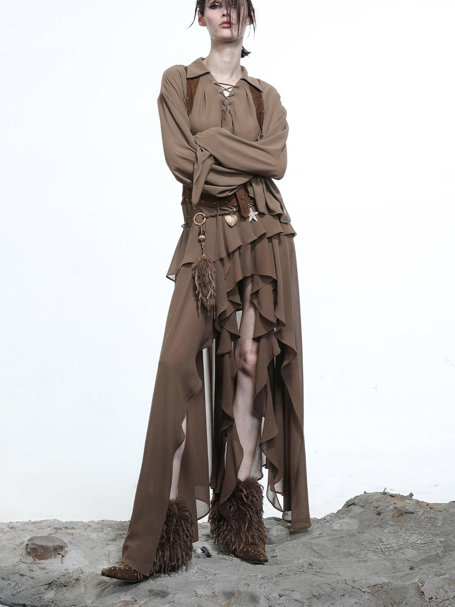 NN NORTH NODE Petal Frilled Chiffon Layered Dress