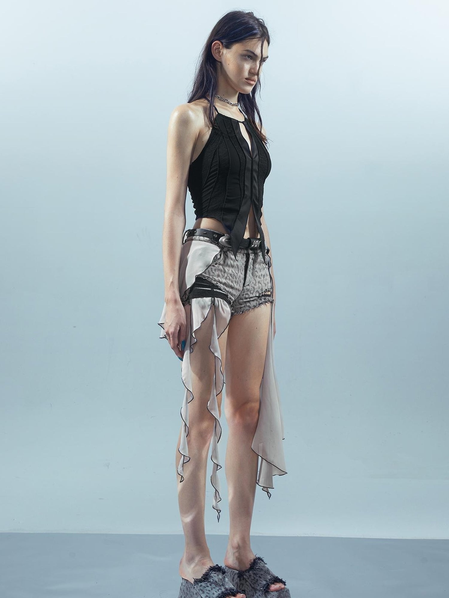 UpdateNN NORTH NODE Pieced Irregular Leopard Print Shorts With Denim Inspired Flap