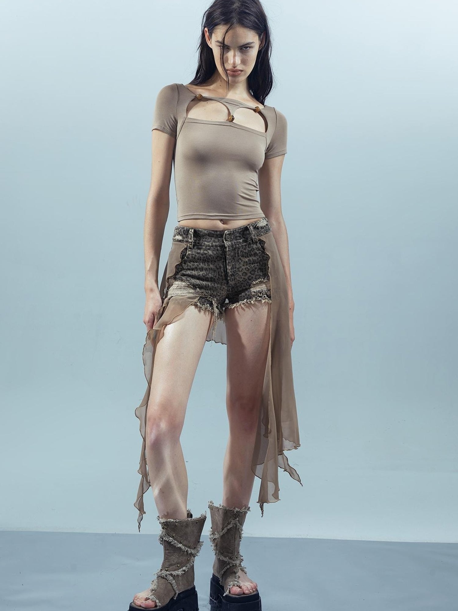 UpdateNN NORTH NODE Pieced Irregular Leopard Print Shorts With Denim Inspired Flap