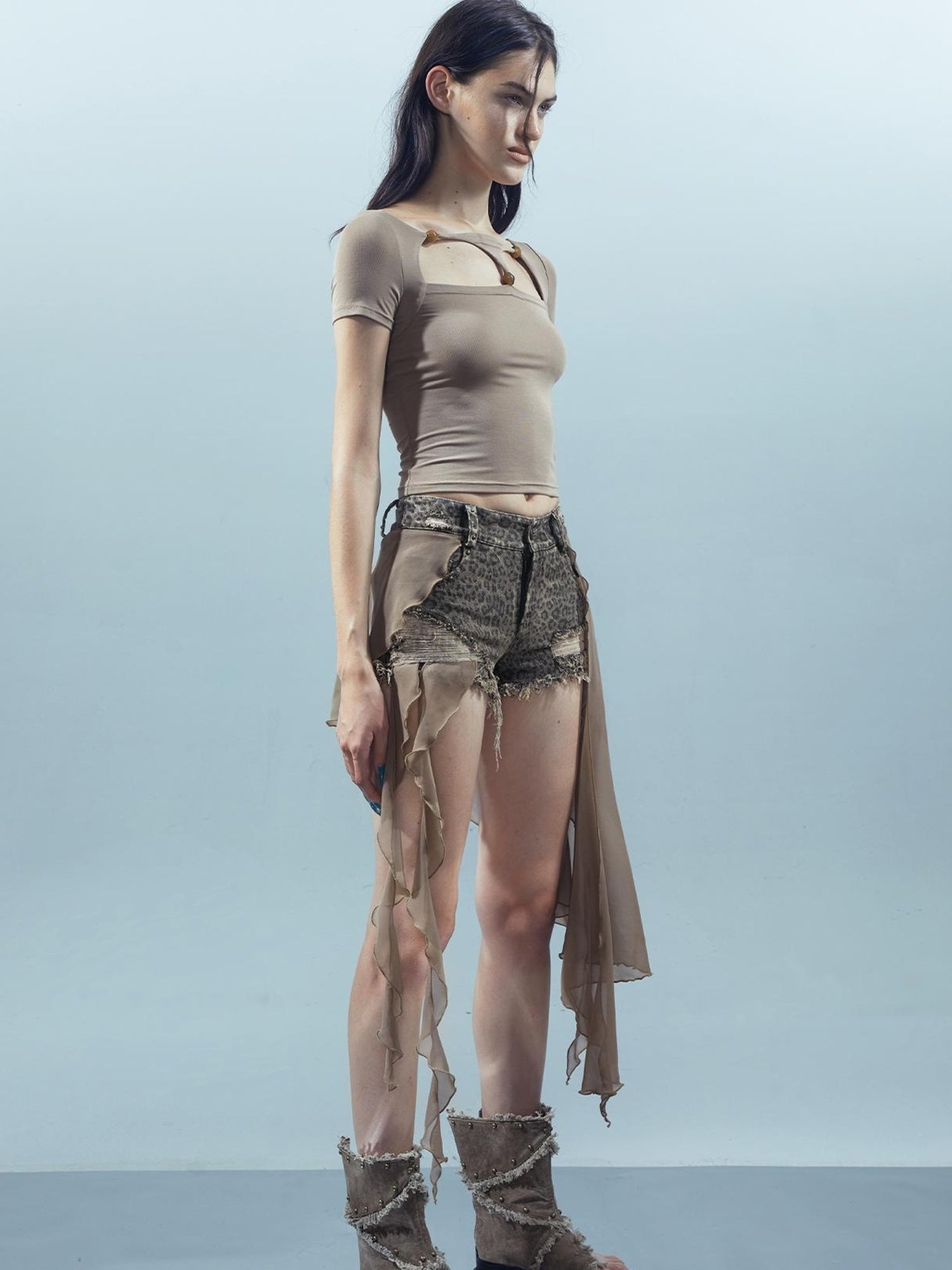 UpdateNN NORTH NODE Pieced Irregular Leopard Print Shorts With Denim Inspired Flap