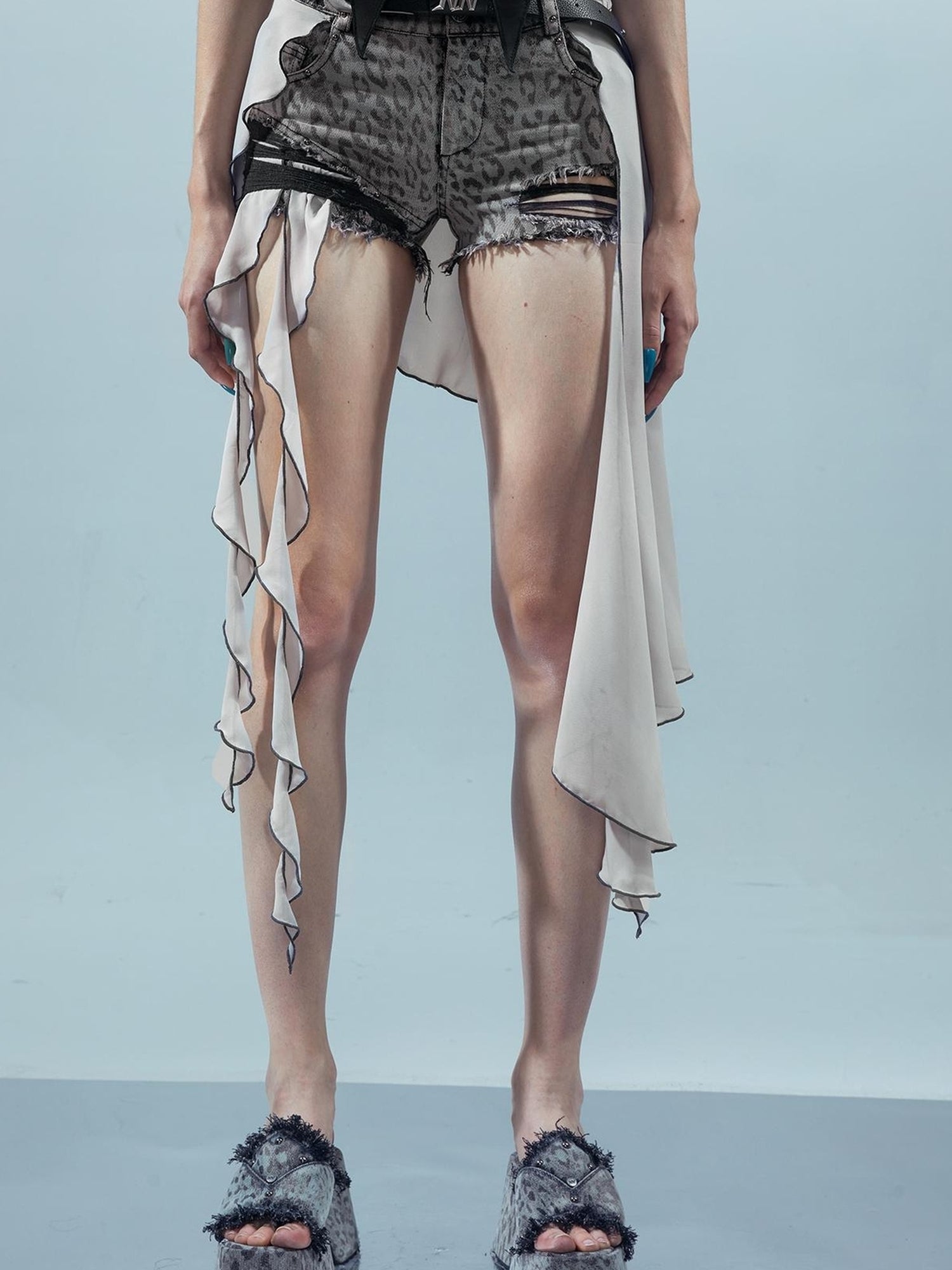 UpdateNN NORTH NODE Pieced Irregular Leopard Print Shorts With Denim Inspired Flap