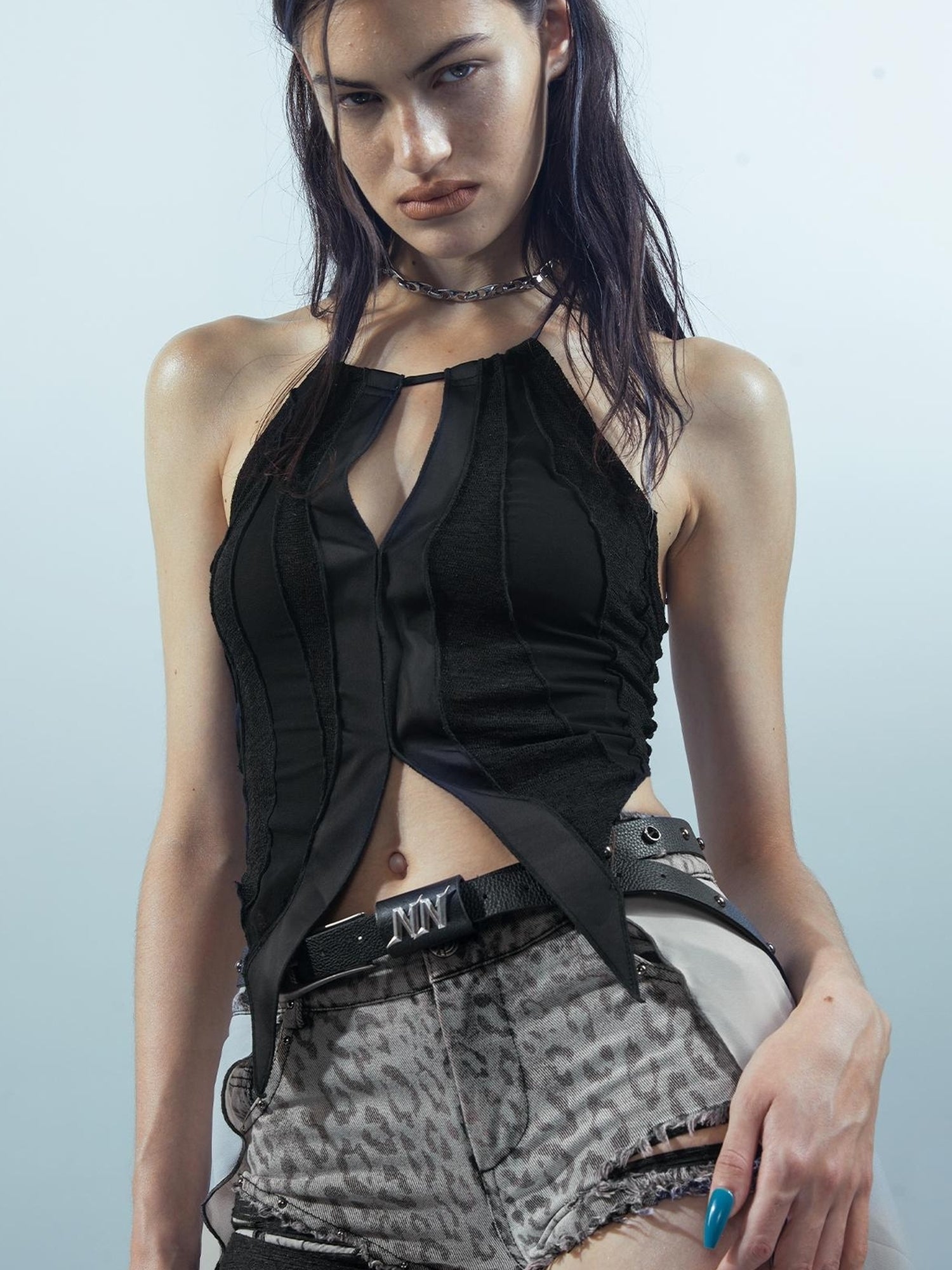 UpdateNN NORTH NODE Pieced Irregular Leopard Print Shorts With Denim Inspired Flap