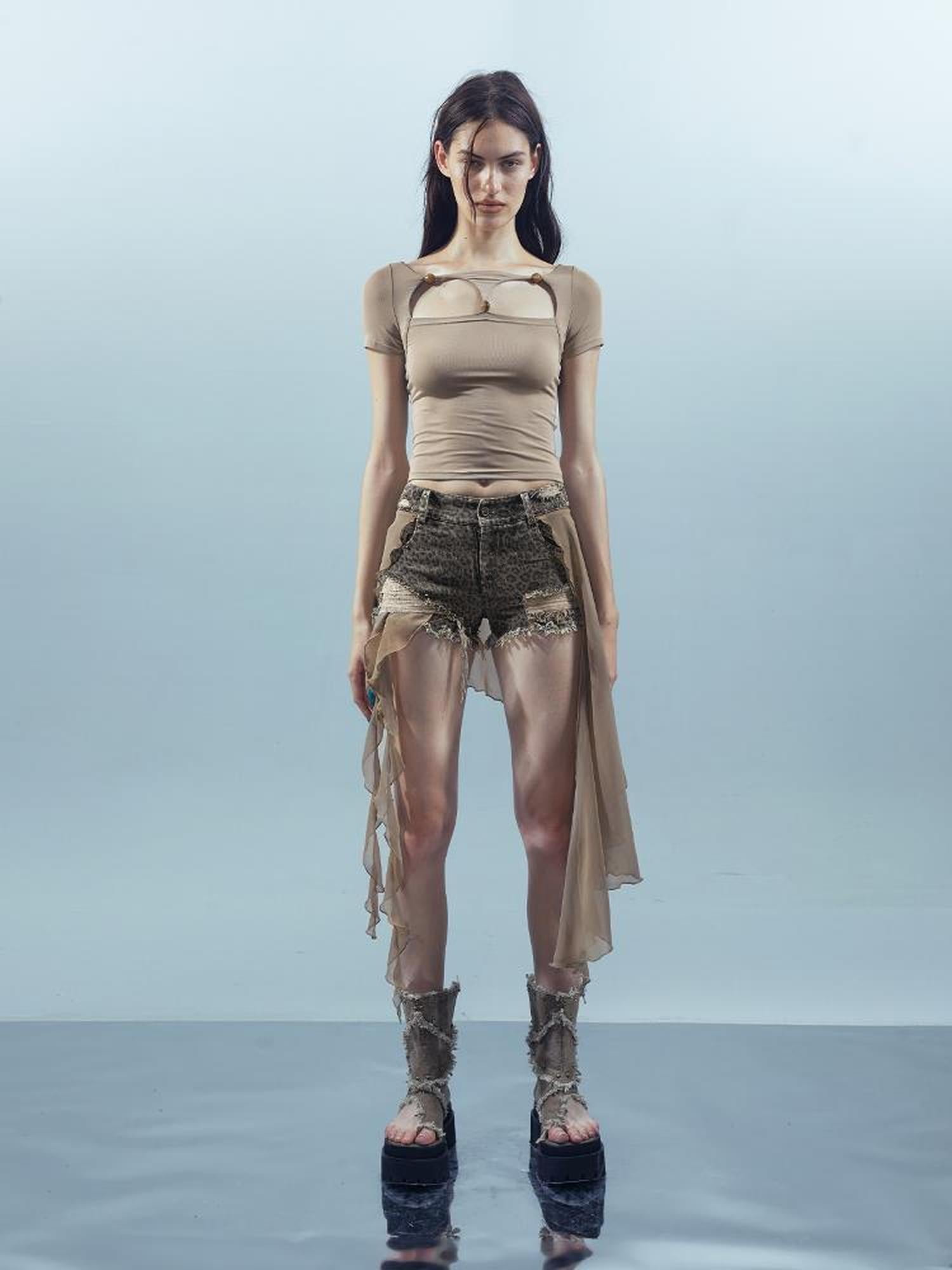 UpdateNN NORTH NODE Pieced Irregular Leopard Print Shorts With Denim Inspired Flap