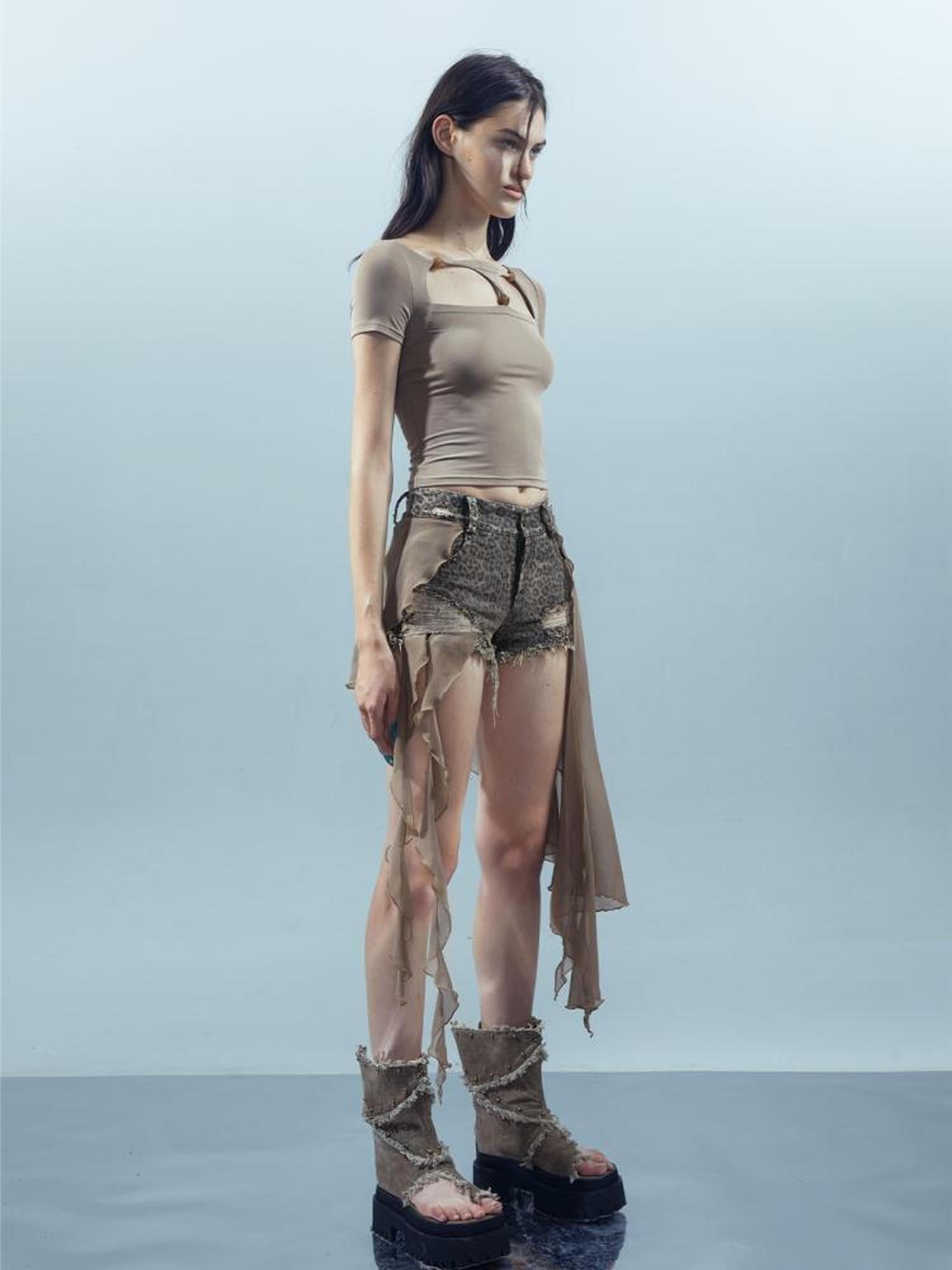 UpdateNN NORTH NODE Pieced Irregular Leopard Print Shorts With Denim Inspired Flap