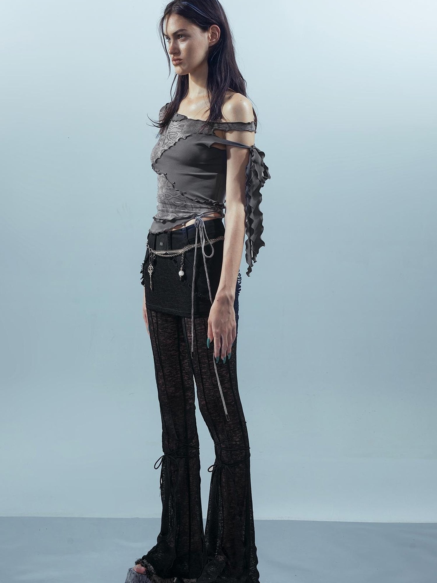 UpdateNN NORTH NODE Piscean Loom Ethereal Threads Asymmetric Knot V-Neck T-Shirt Long-Sleeve