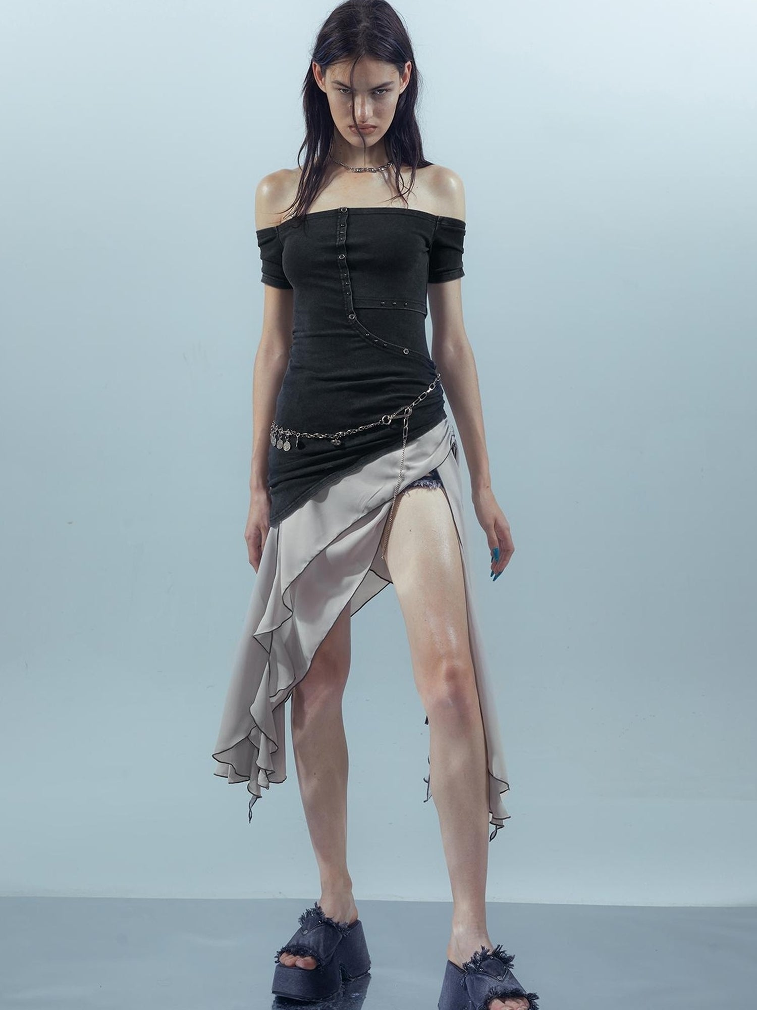UpdateNN NORTH NODE Piscean Odyssey Ethereal Chiffon Asymmetrical V-Neck T-Shirt Long-Sleeve Dress