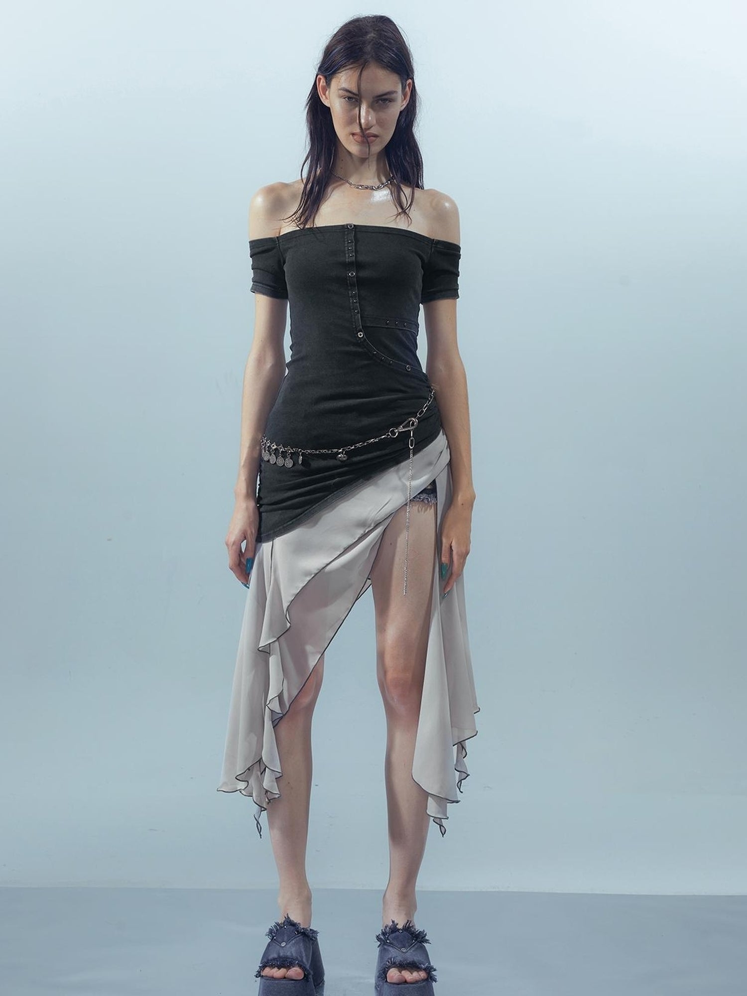 UpdateNN NORTH NODE Piscean Odyssey Ethereal Chiffon Asymmetrical V-Neck T-Shirt Long-Sleeve Dress