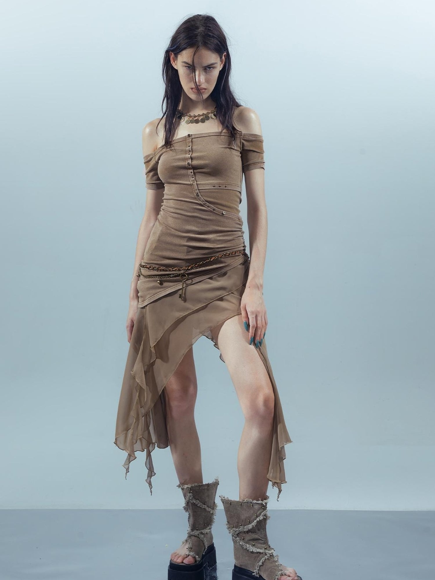 UpdateNN NORTH NODE Piscean Odyssey Ethereal Chiffon Asymmetrical V-Neck T-Shirt Long-Sleeve Dress