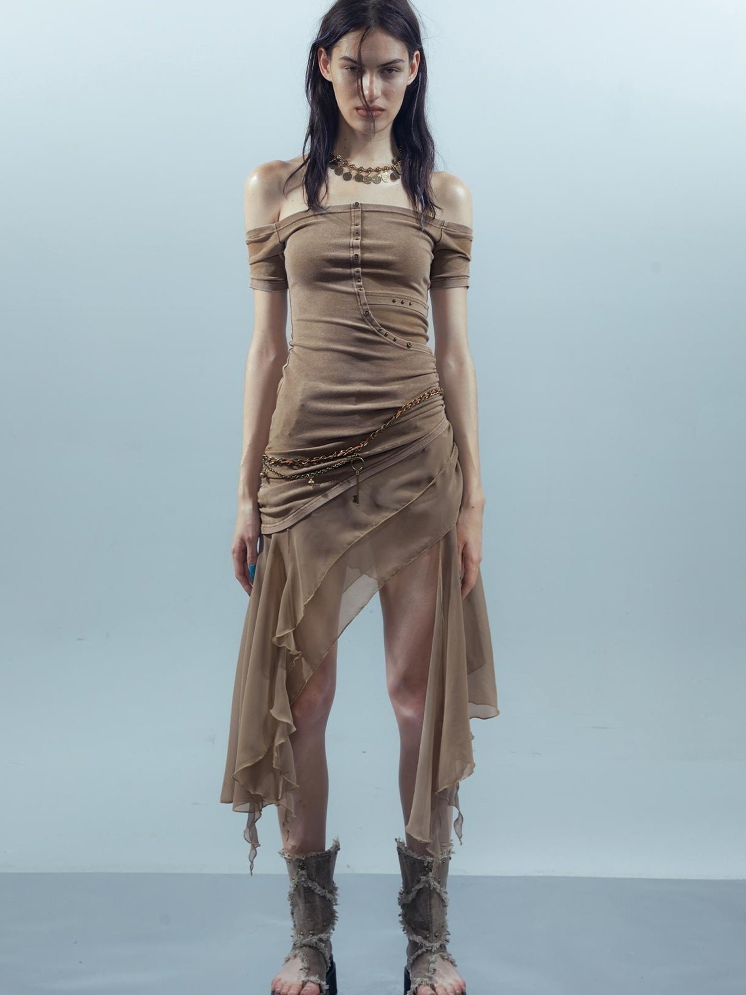 UpdateNN NORTH NODE Piscean Odyssey Ethereal Chiffon Asymmetrical V-Neck T-Shirt Long-Sleeve Dress