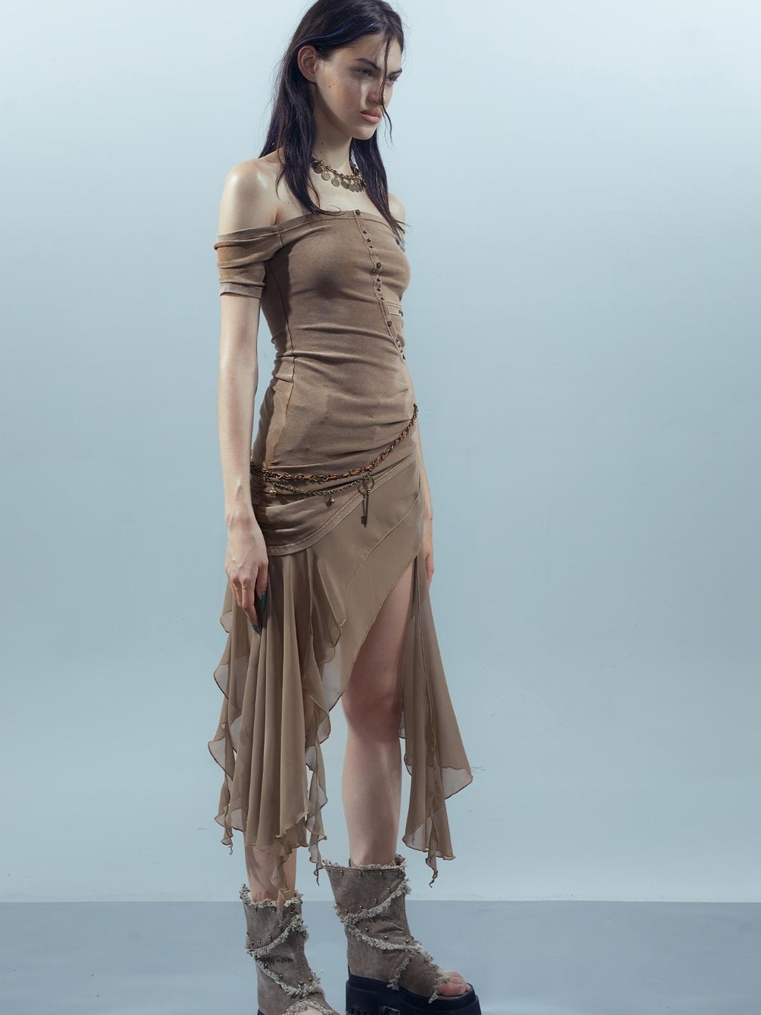 UpdateNN NORTH NODE Piscean Odyssey Ethereal Chiffon Asymmetrical V-Neck T-Shirt Long-Sleeve Dress