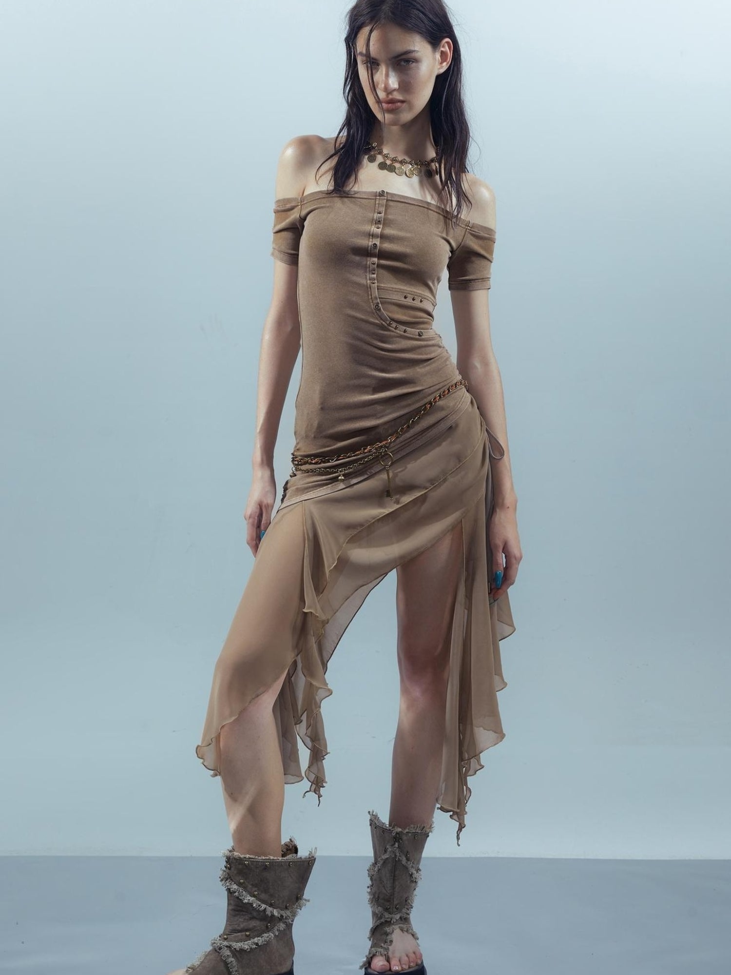 UpdateNN NORTH NODE Piscean Odyssey Ethereal Chiffon Asymmetrical V-Neck T-Shirt Long-Sleeve Dress