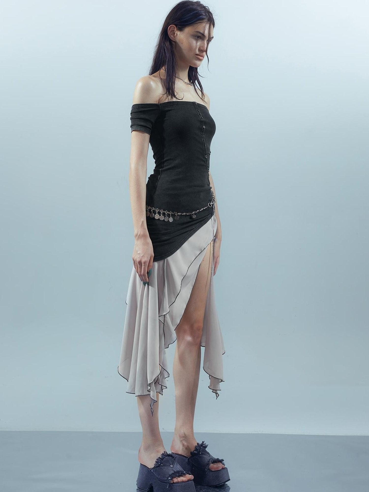 UpdateNN NORTH NODE Piscean Odyssey Ethereal Chiffon Asymmetrical V-Neck T-Shirt Long-Sleeve Dress