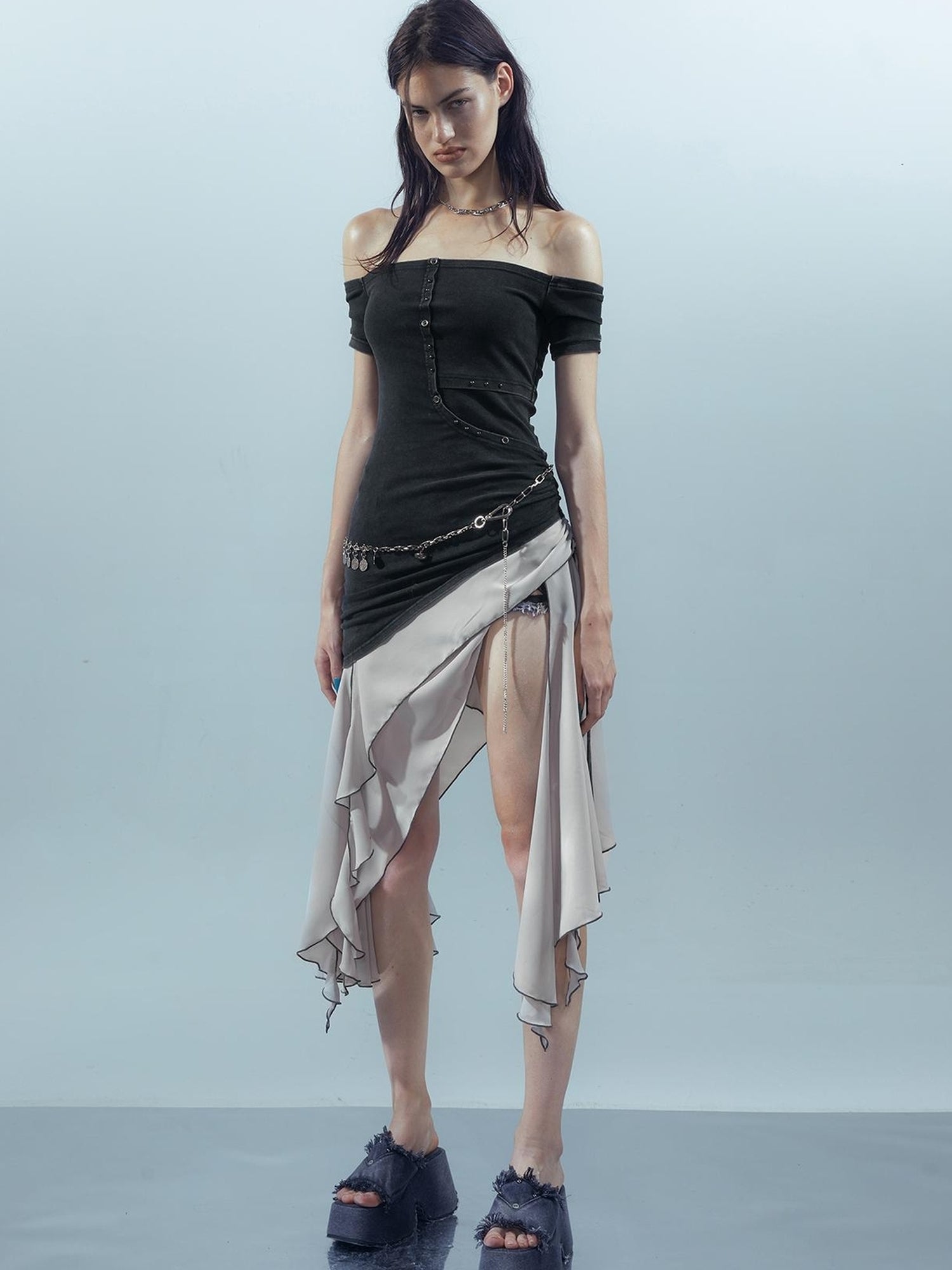 UpdateNN NORTH NODE Piscean Odyssey Ethereal Chiffon Asymmetrical V-Neck T-Shirt Long-Sleeve Dress