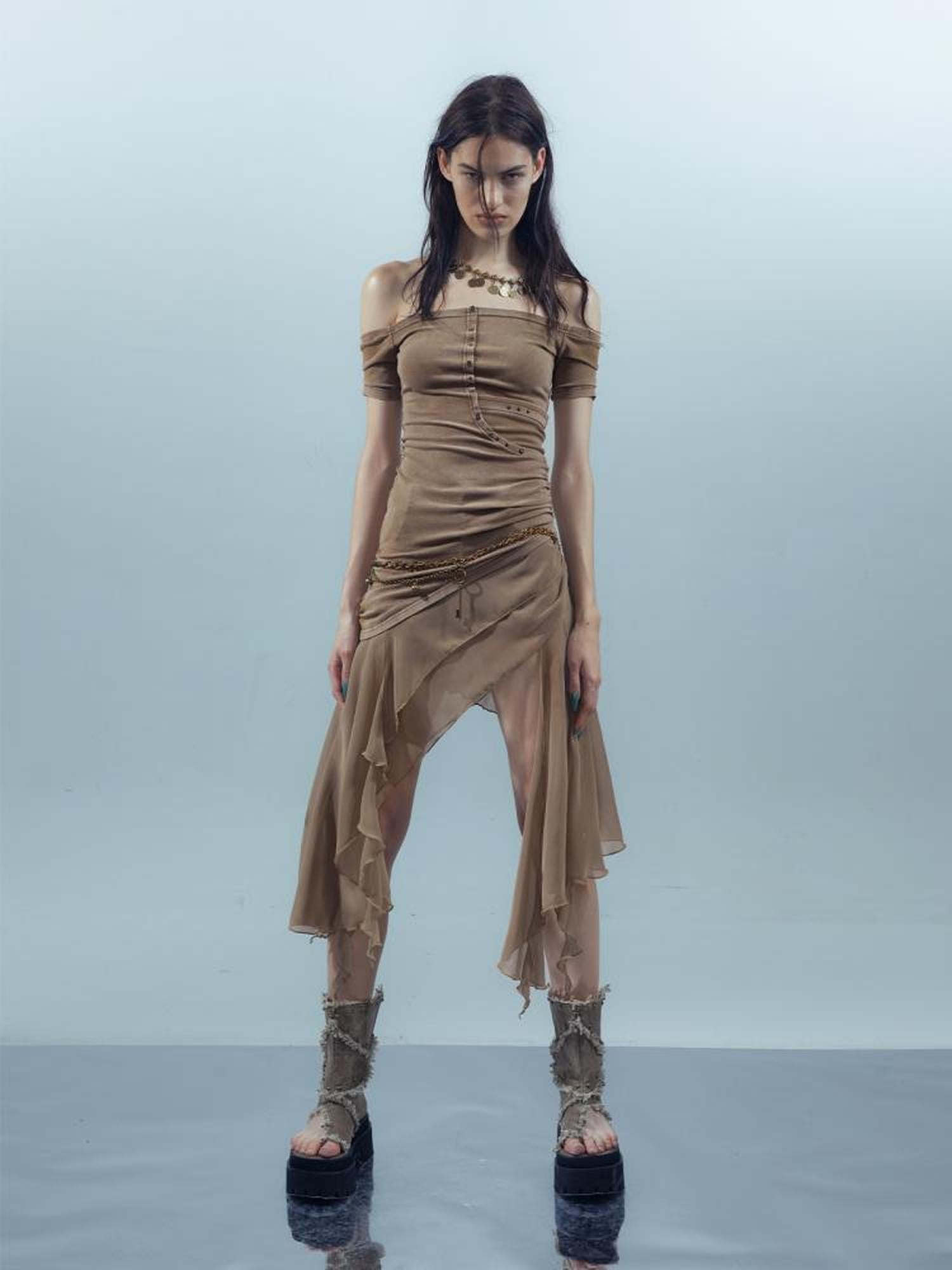 UpdateNN NORTH NODE Piscean Odyssey Ethereal Chiffon Asymmetrical V-Neck T-Shirt Long-Sleeve Dress