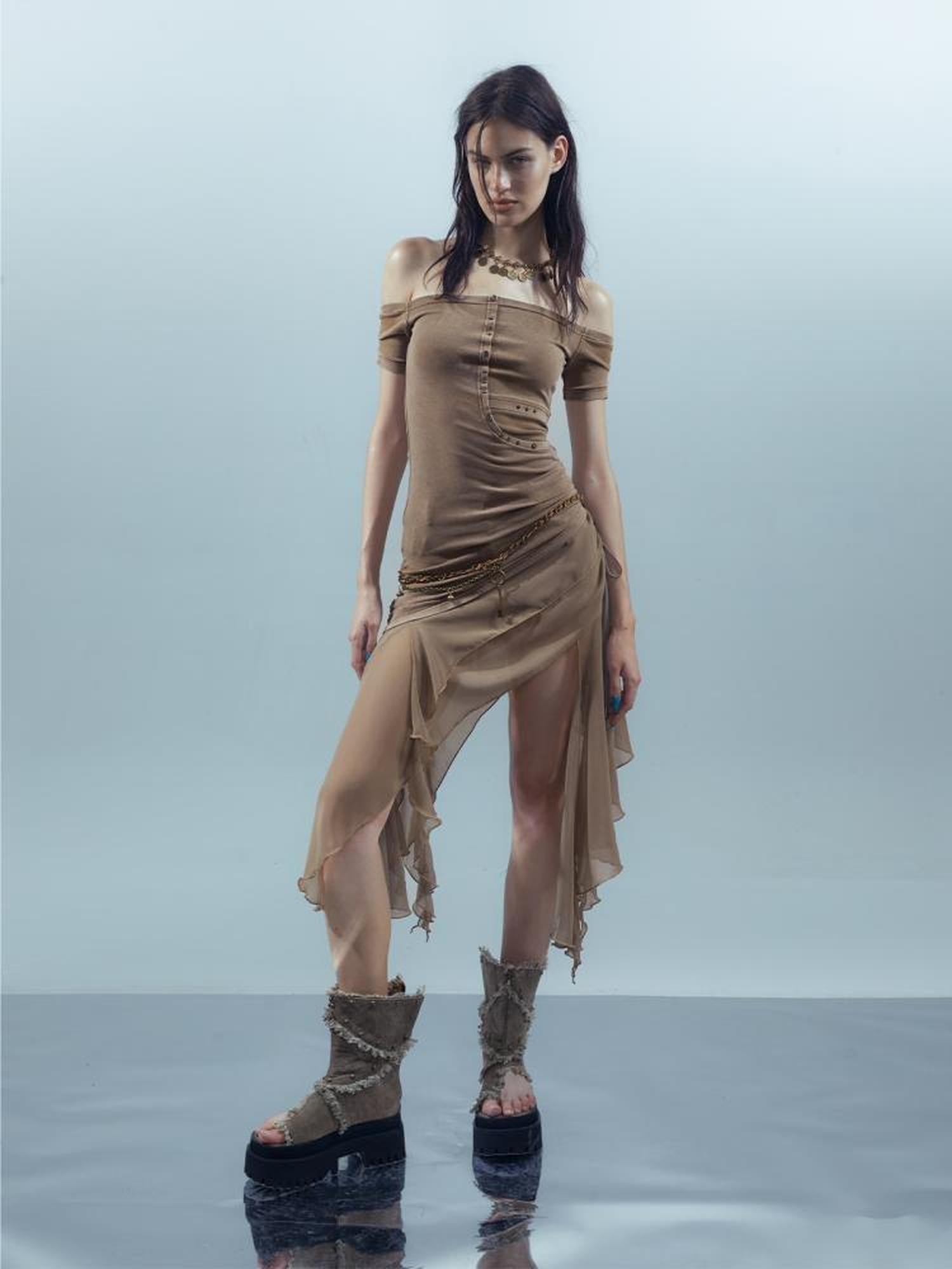 UpdateNN NORTH NODE Piscean Odyssey Ethereal Chiffon Asymmetrical V-Neck T-Shirt Long-Sleeve Dress