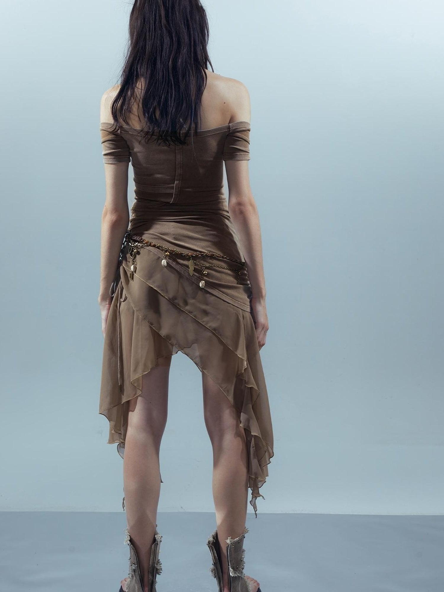 UpdateNN NORTH NODE Piscean Odyssey Ethereal Chiffon Asymmetrical V-Neck T-Shirt Long-Sleeve Dress