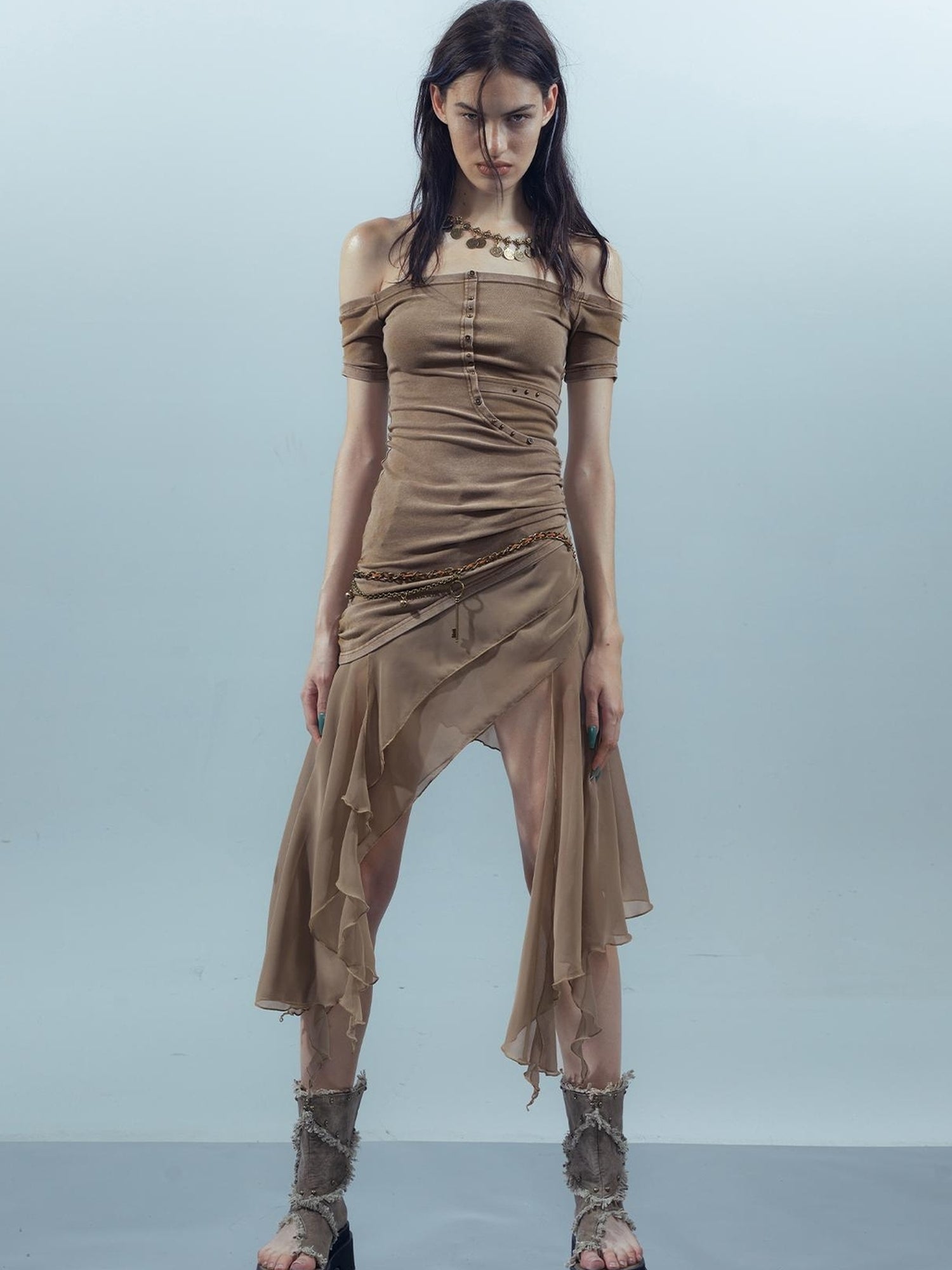 UpdateNN NORTH NODE Piscean Odyssey Ethereal Chiffon Asymmetrical V-Neck T-Shirt Long-Sleeve Dress