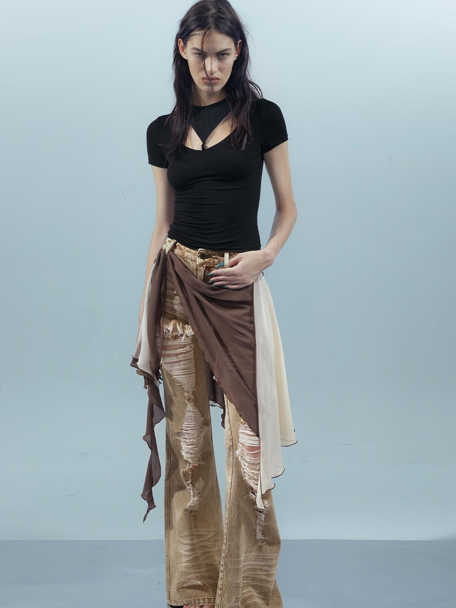 Piscean Odyssey Ethereal Hollowed Beaded V-neck T-shirt Long Sleeve