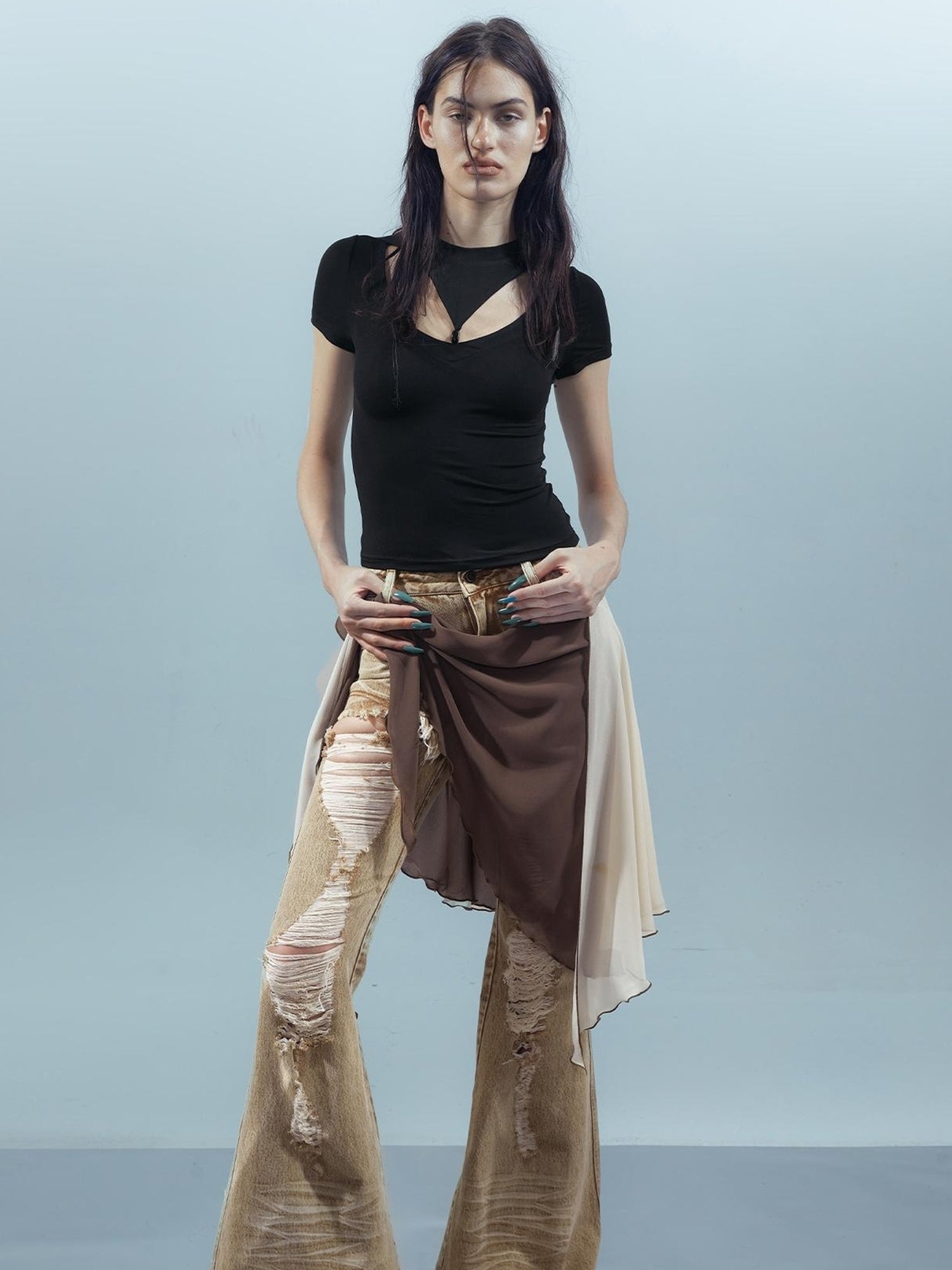 UpdateNN NORTH NODE Piscean Odyssey Ethereal Hollowed Beaded V-neck T-shirt Long Sleeve