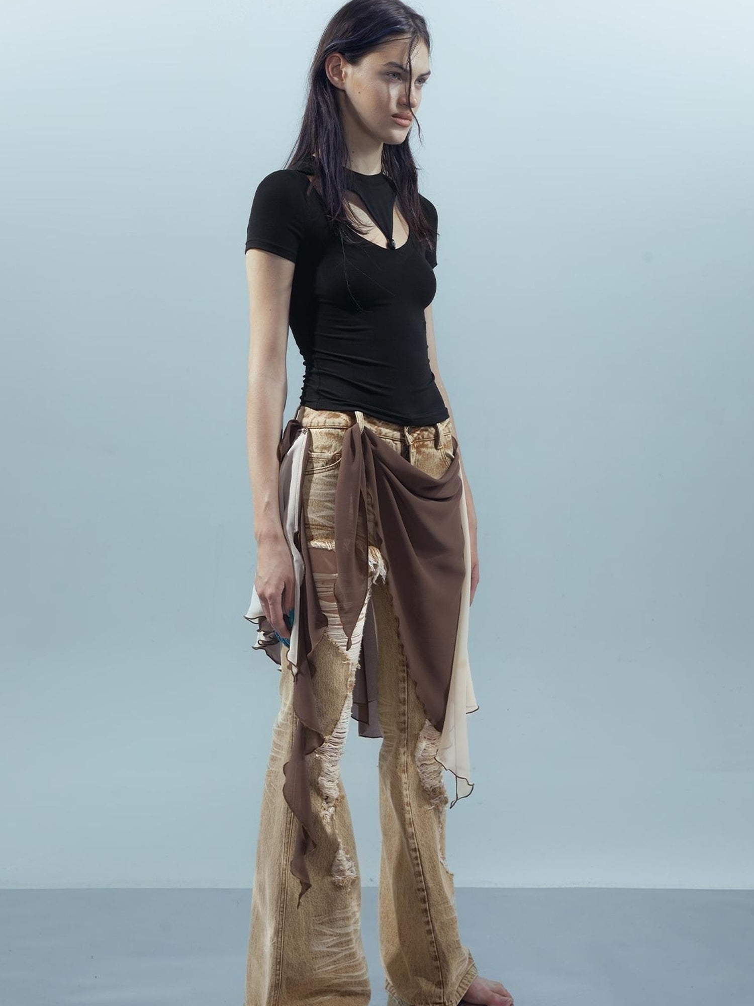 Piscean Odyssey Ethereal Hollowed Beaded V-neck T-shirt Long Sleeve