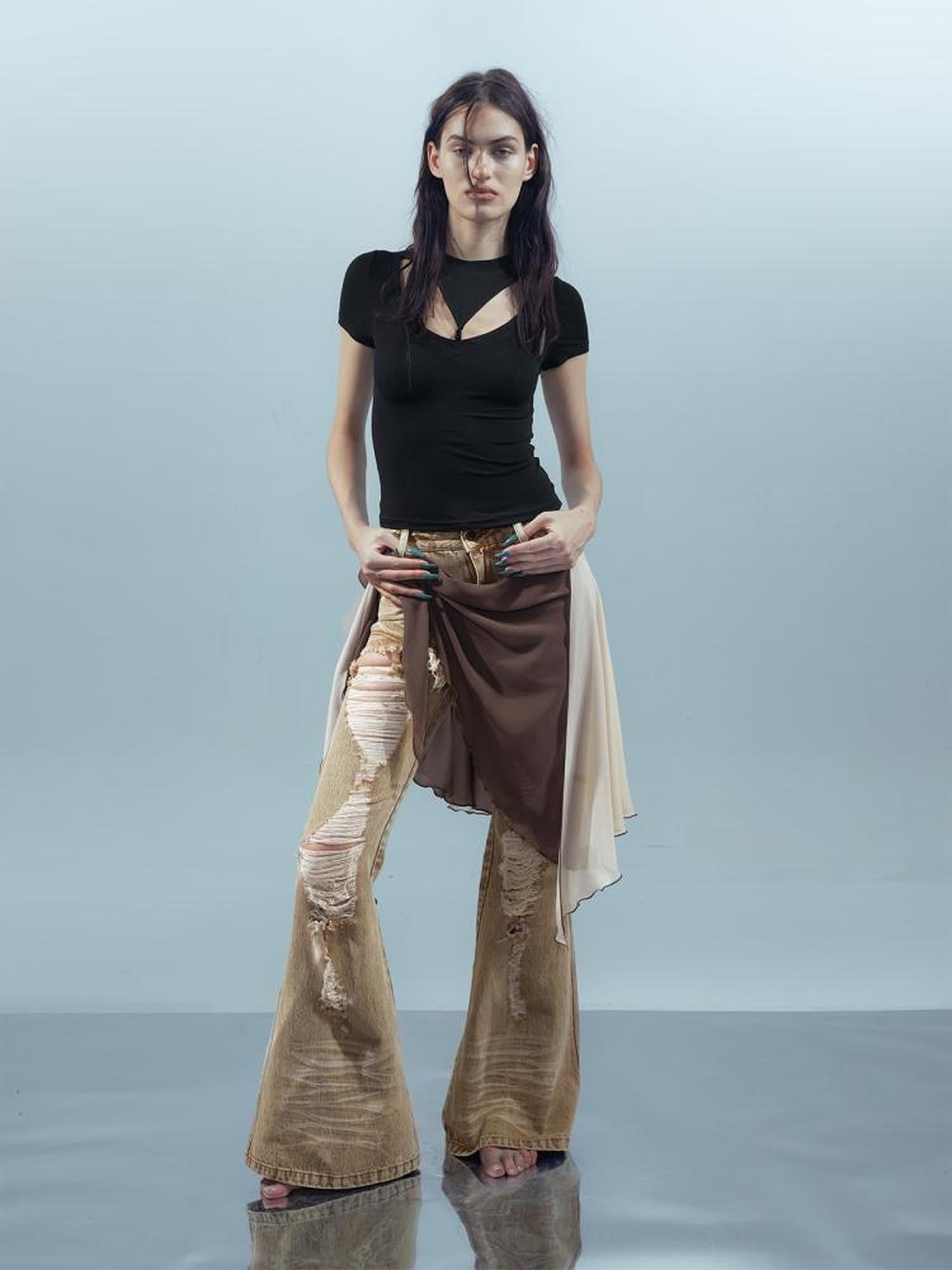 UpdateNN NORTH NODE Piscean Odyssey Ethereal Hollowed Beaded V-neck T-shirt Long Sleeve