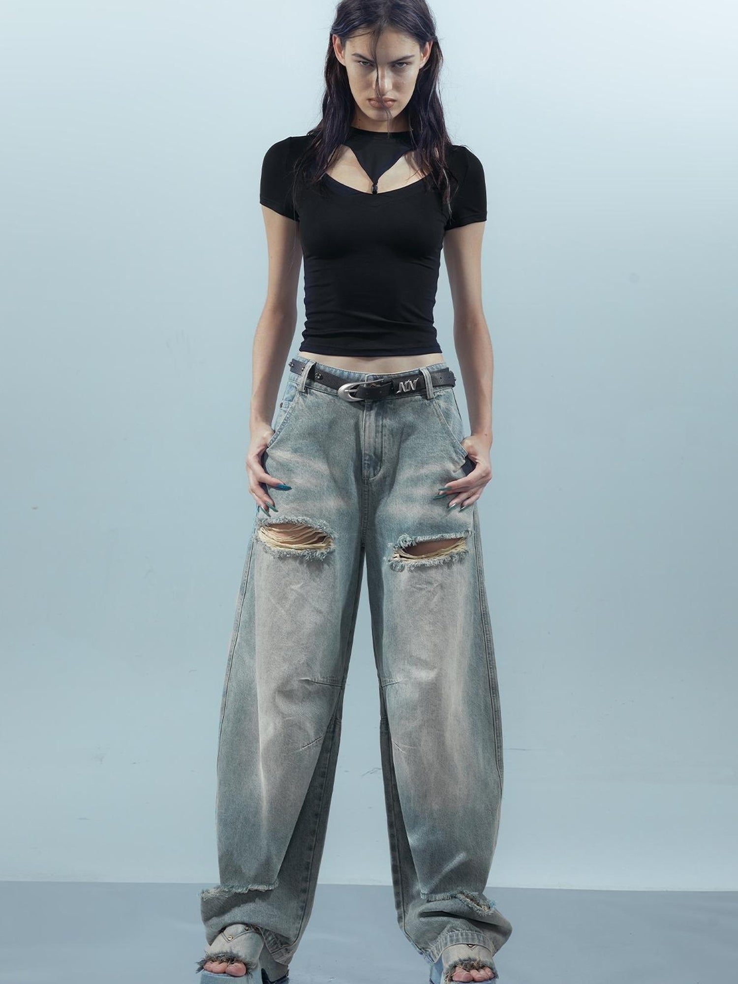Piscean Odyssey Ethereal Hollowed Beaded V-neck T-shirt Long Sleeve