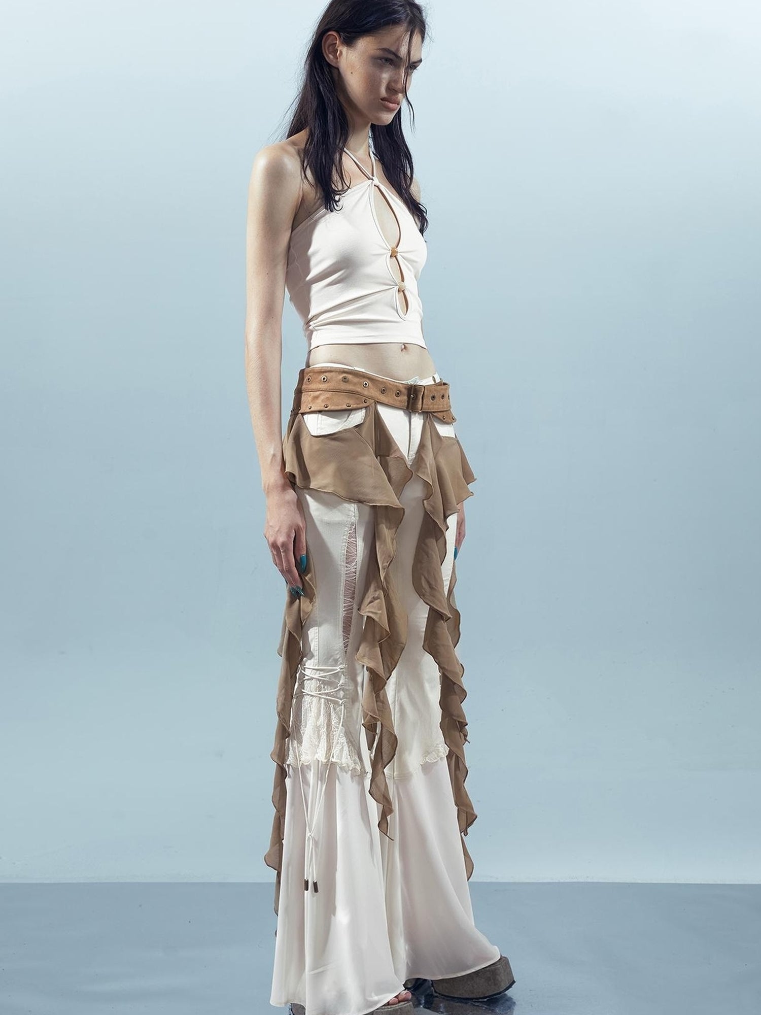 UpdateNN NORTH NODE Pisces Loom Ethereal Threads Cascading Hem V-Neck T-Shirt Long-Sleeve