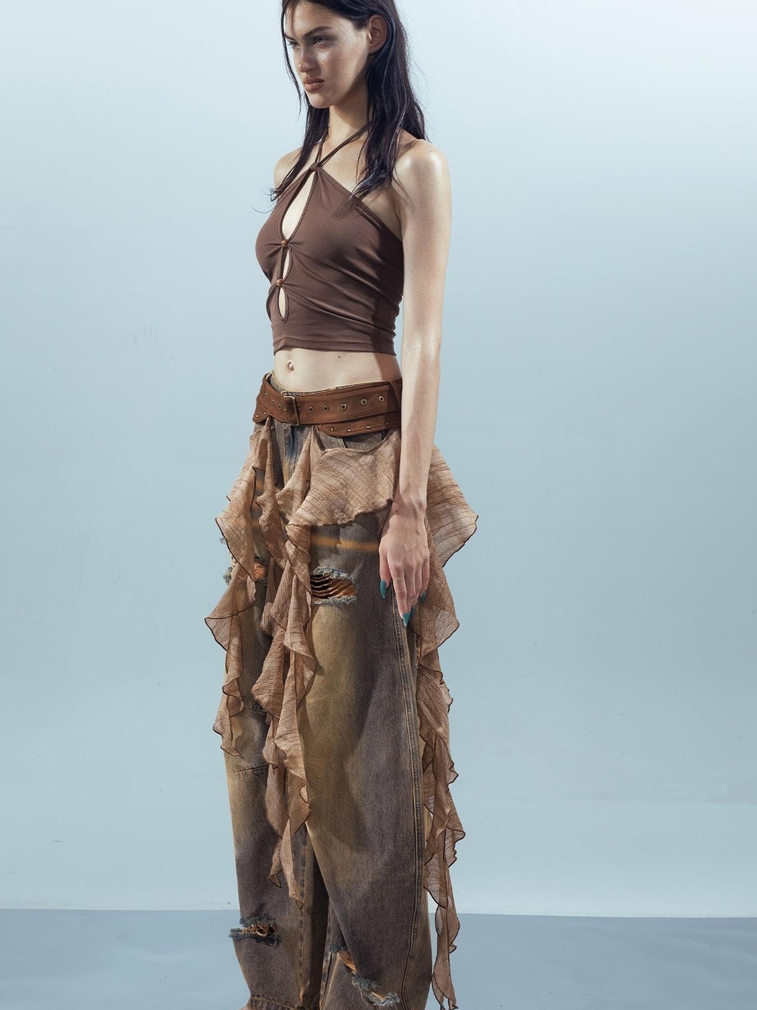 UpdateNN NORTH NODE Pisces Loom Ethereal Threads Cascading Hem V-Neck T-Shirt Long-Sleeve