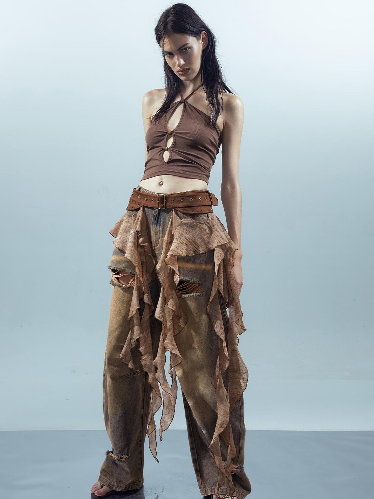 UpdateNN NORTH NODE Pisces Loom Ethereal Threads Cascading Hem V-Neck T-Shirt Long-Sleeve