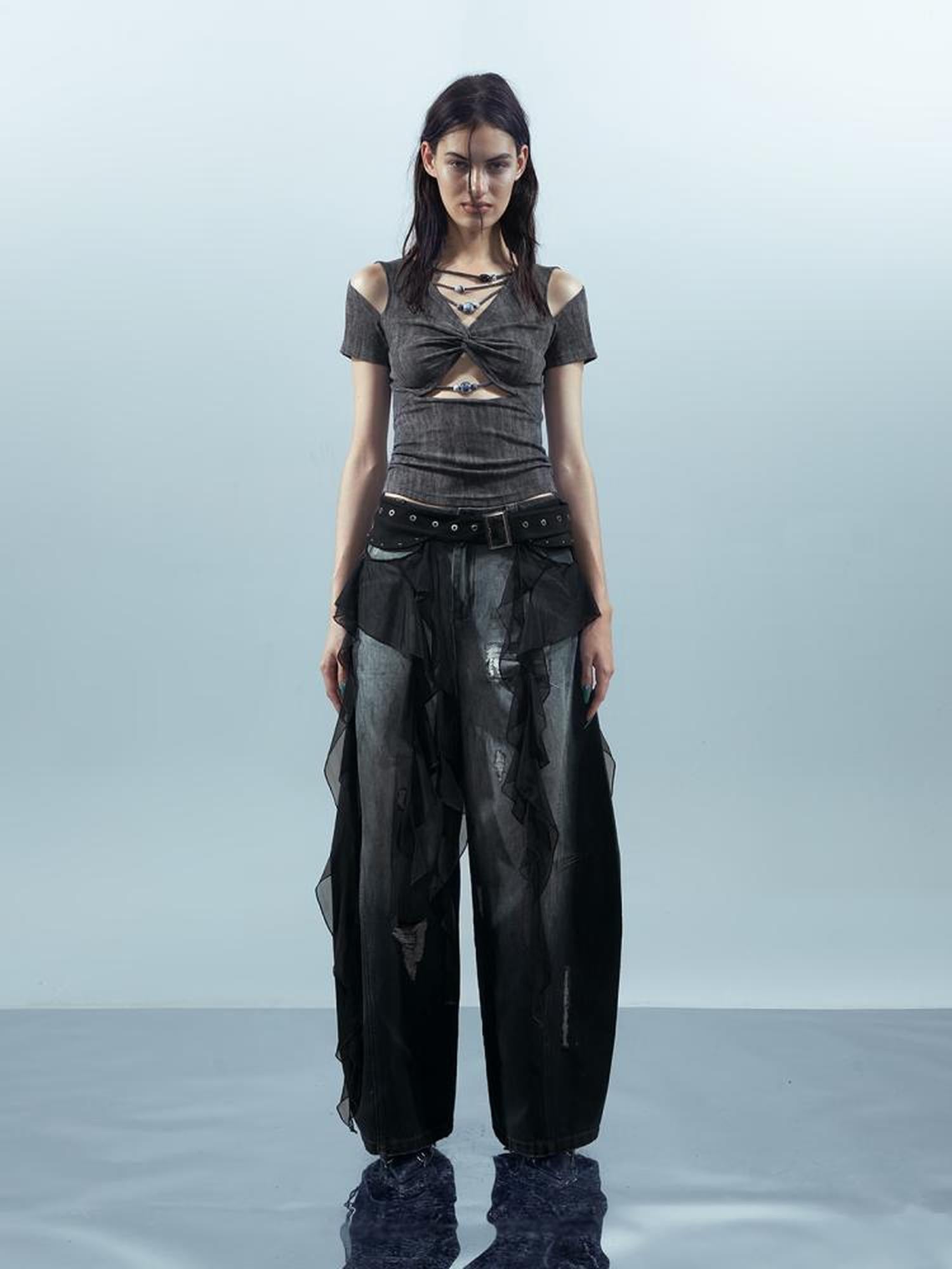 UpdateNN NORTH NODE Pisces Loom Ethereal Threads Cascading Hem V-Neck T-Shirt Long-Sleeve