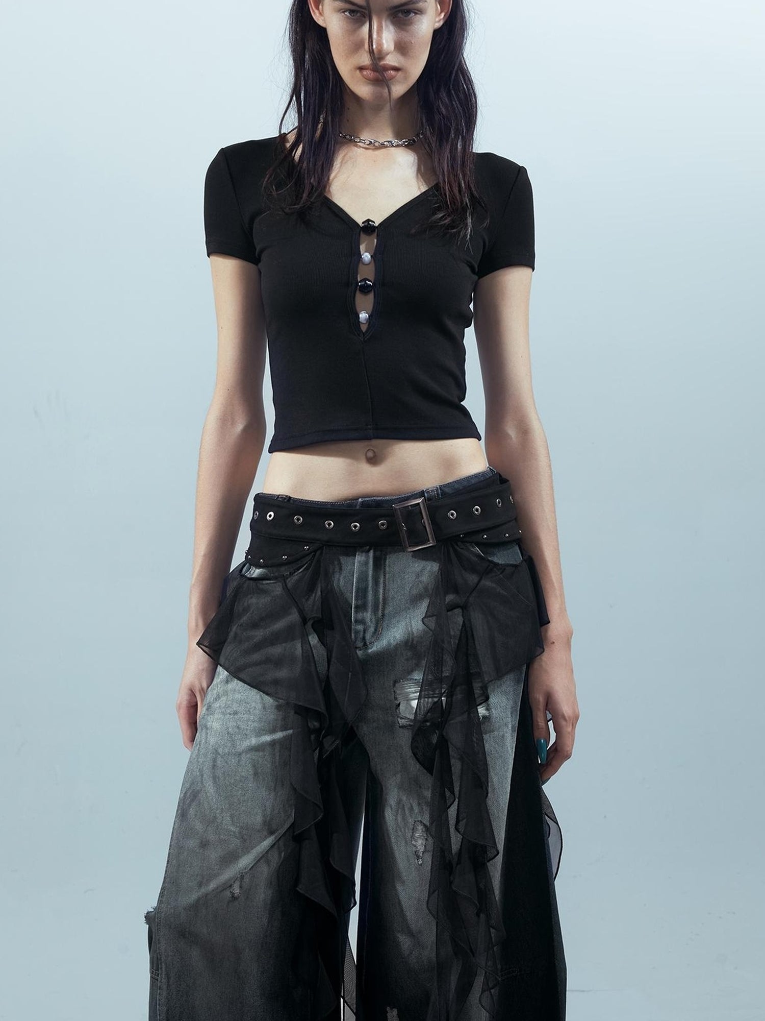 UpdateNN NORTH NODE Pisces Loom Ethereal Threads Cascading Hem V-Neck T-Shirt Long-Sleeve