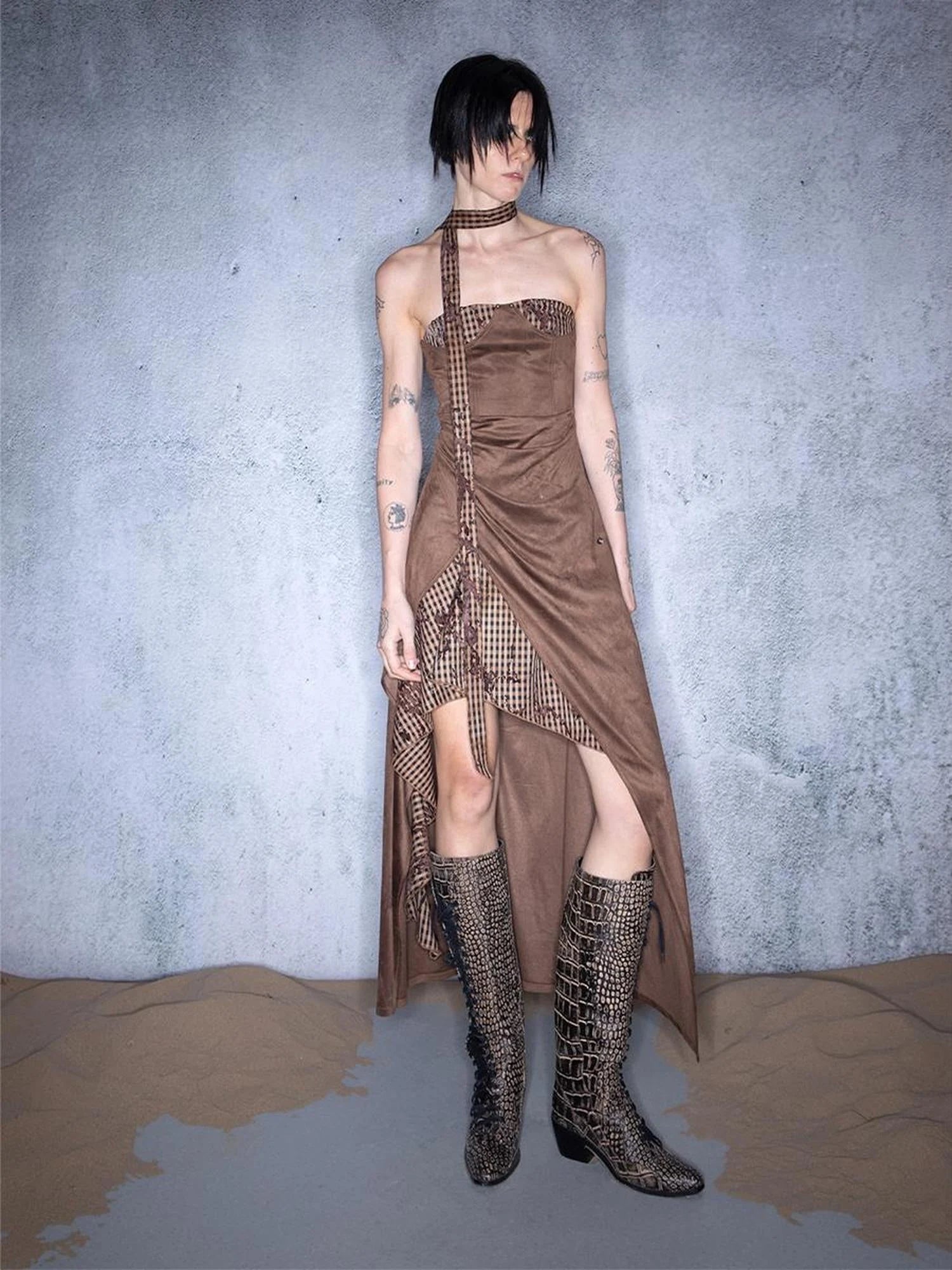 Plaid Patchwork Asymmetric Bustier Dress With Detachable Collar