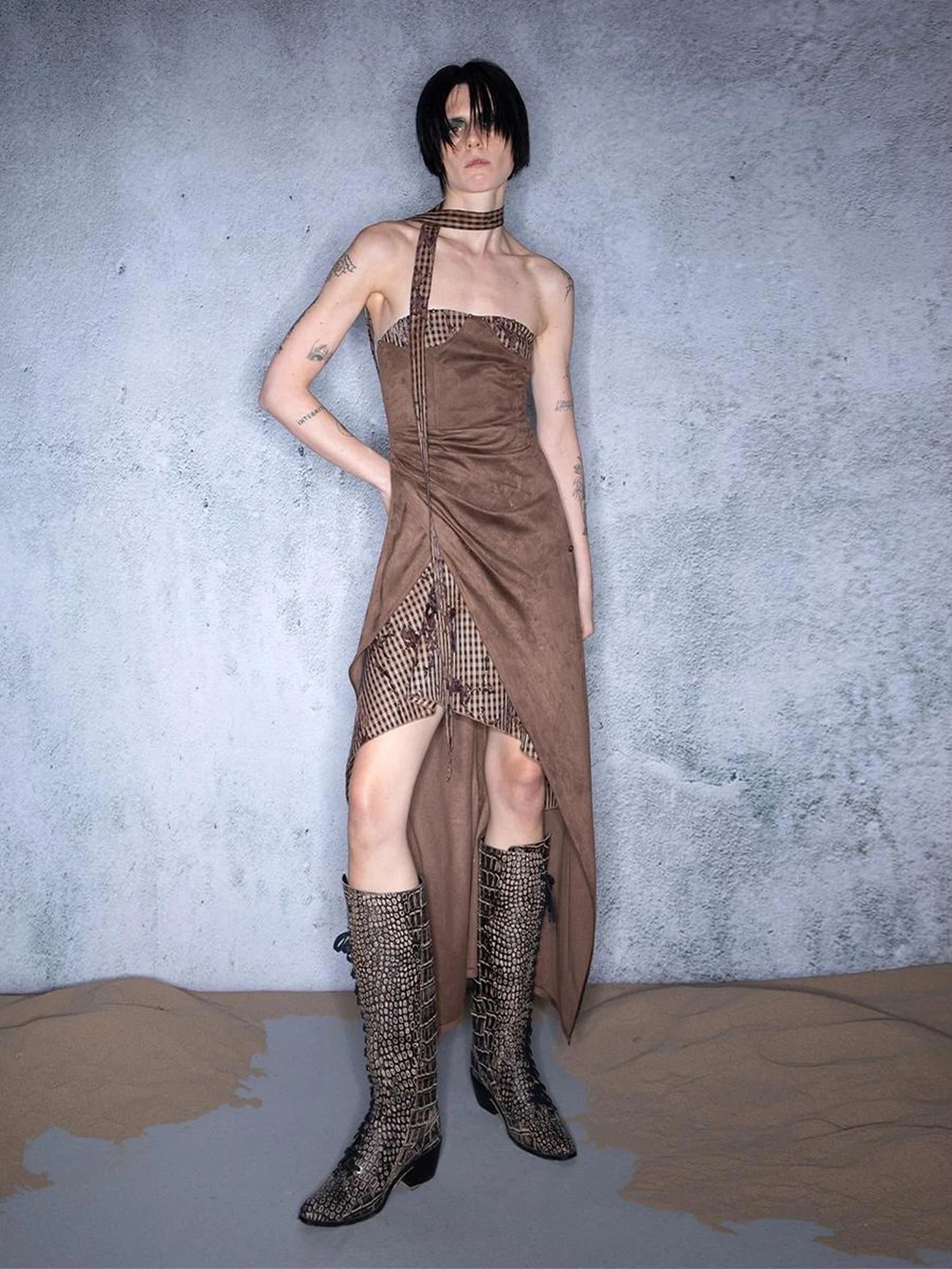 Plaid Patchwork Asymmetric Bustier Dress With Detachable Collar