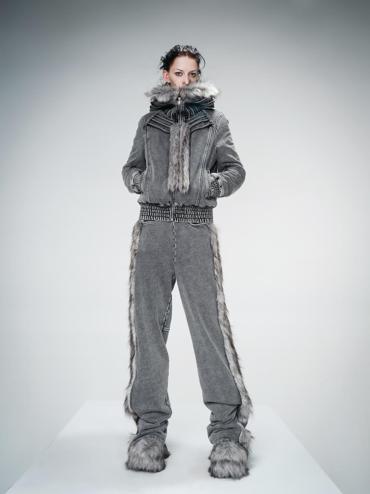 UpdateNN NORTH NODE Quilted Hooded Short Jacket With Fur Trim And Washed Texture