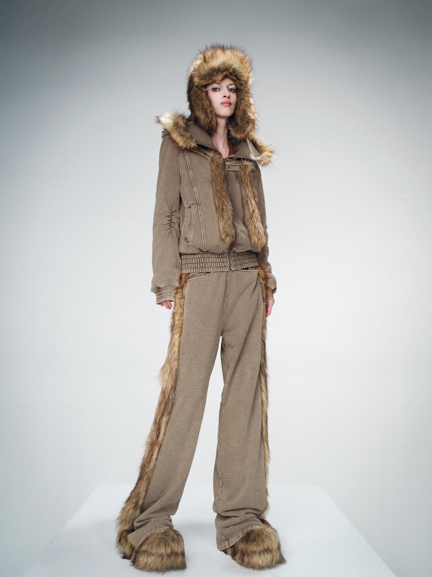 UpdateNN NORTH NODE Quilted Hooded Short Jacket With Fur Trim And Washed Texture