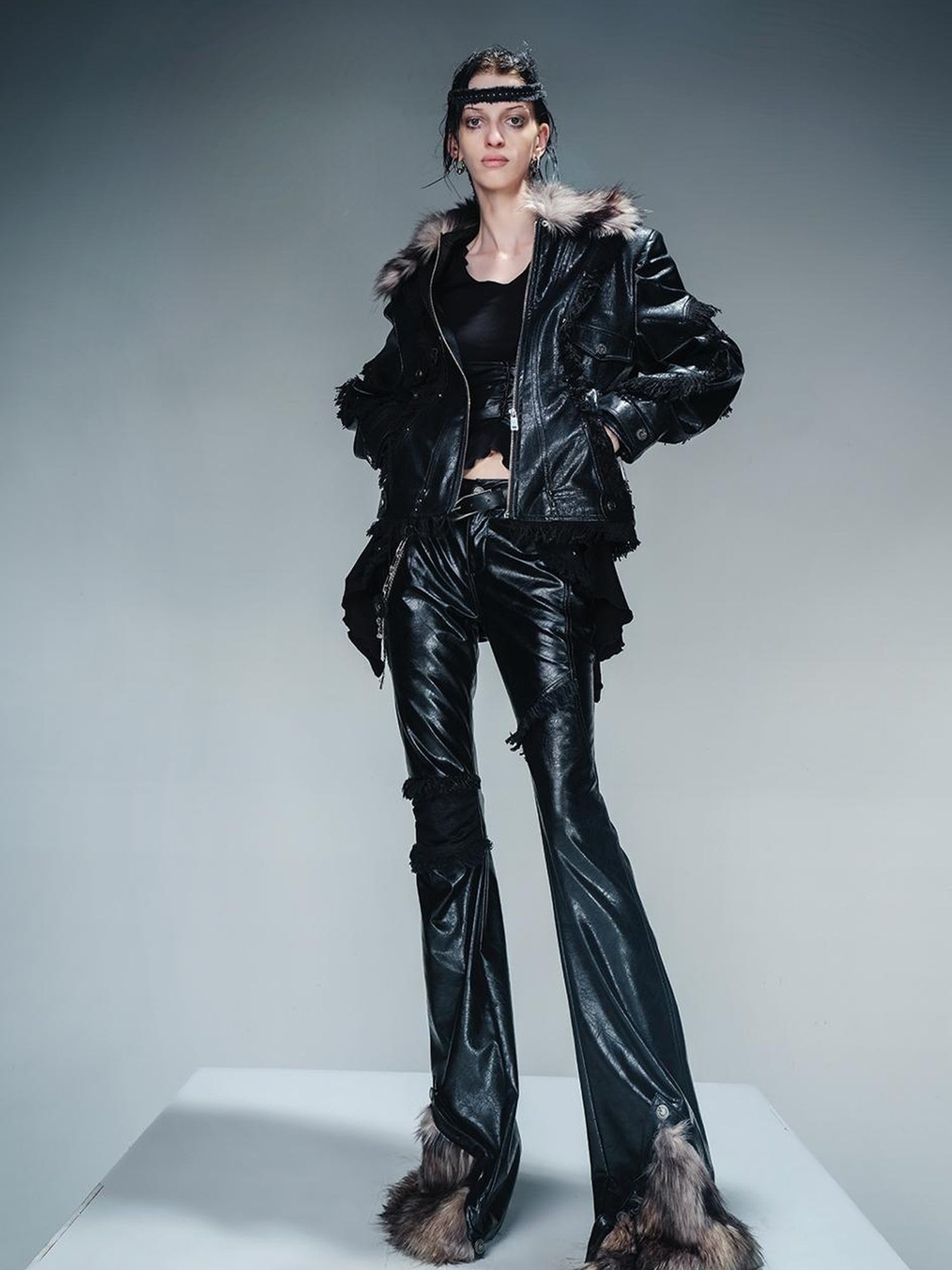 UpdateNN NORTH NODE Quilted Shearling Lined Detachable Fur Collar Leather Jacket