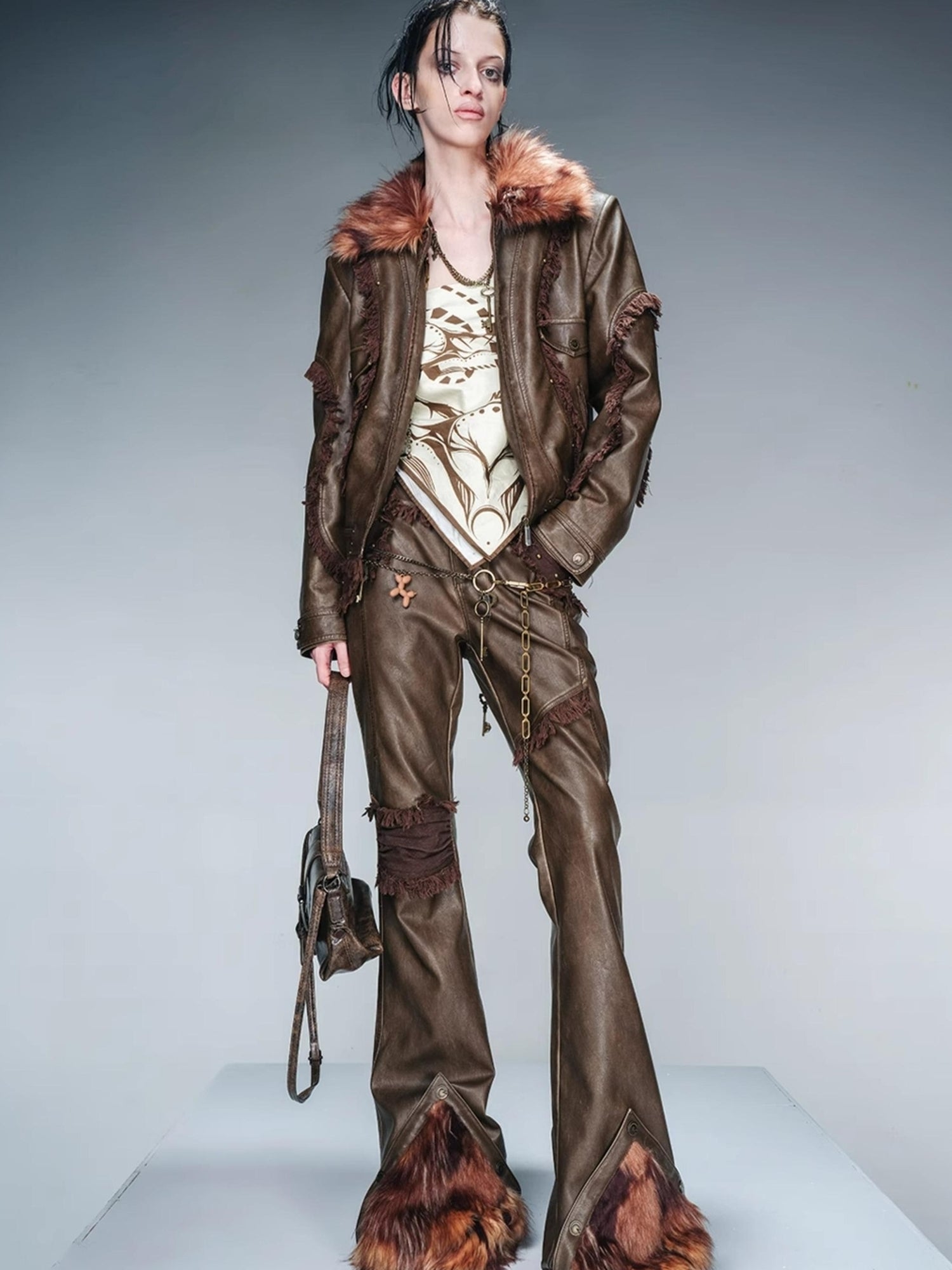 UpdateNN NORTH NODE Quilted Shearling Lined Detachable Fur Collar Leather Jacket