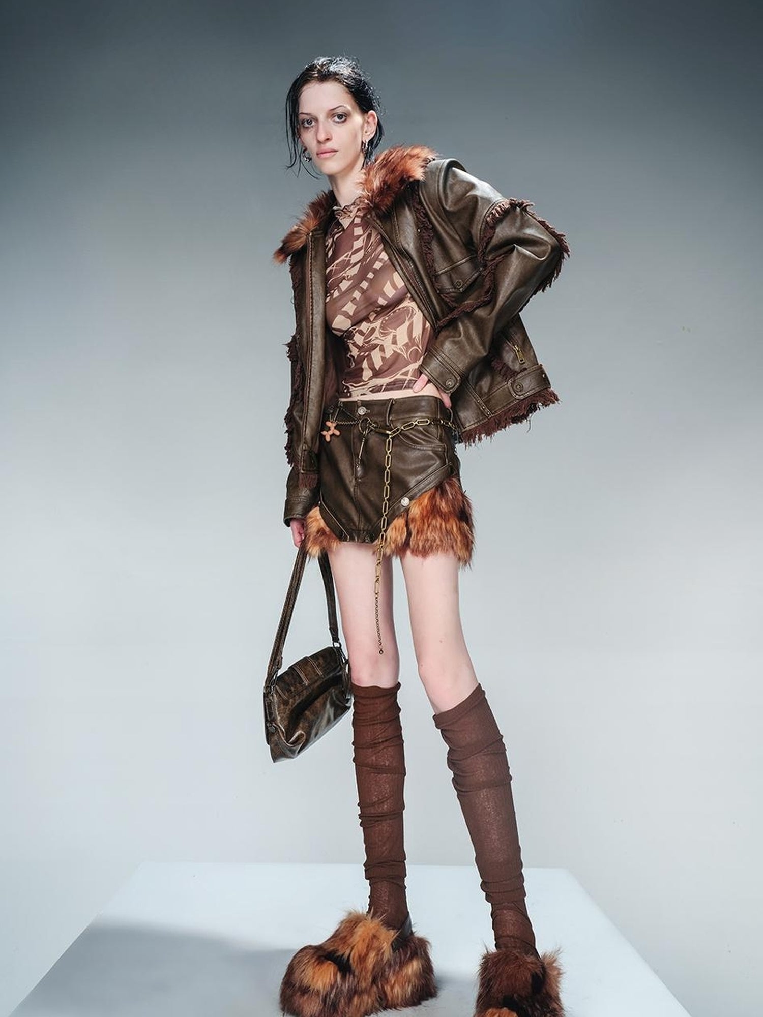 UpdateNN NORTH NODE Quilted Shearling Lined Detachable Fur Collar Leather Jacket