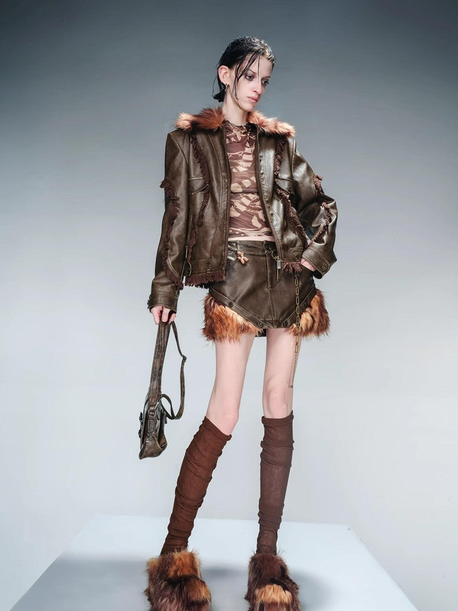 UpdateNN NORTH NODE Quilted Shearling Lined Detachable Fur Collar Leather Jacket